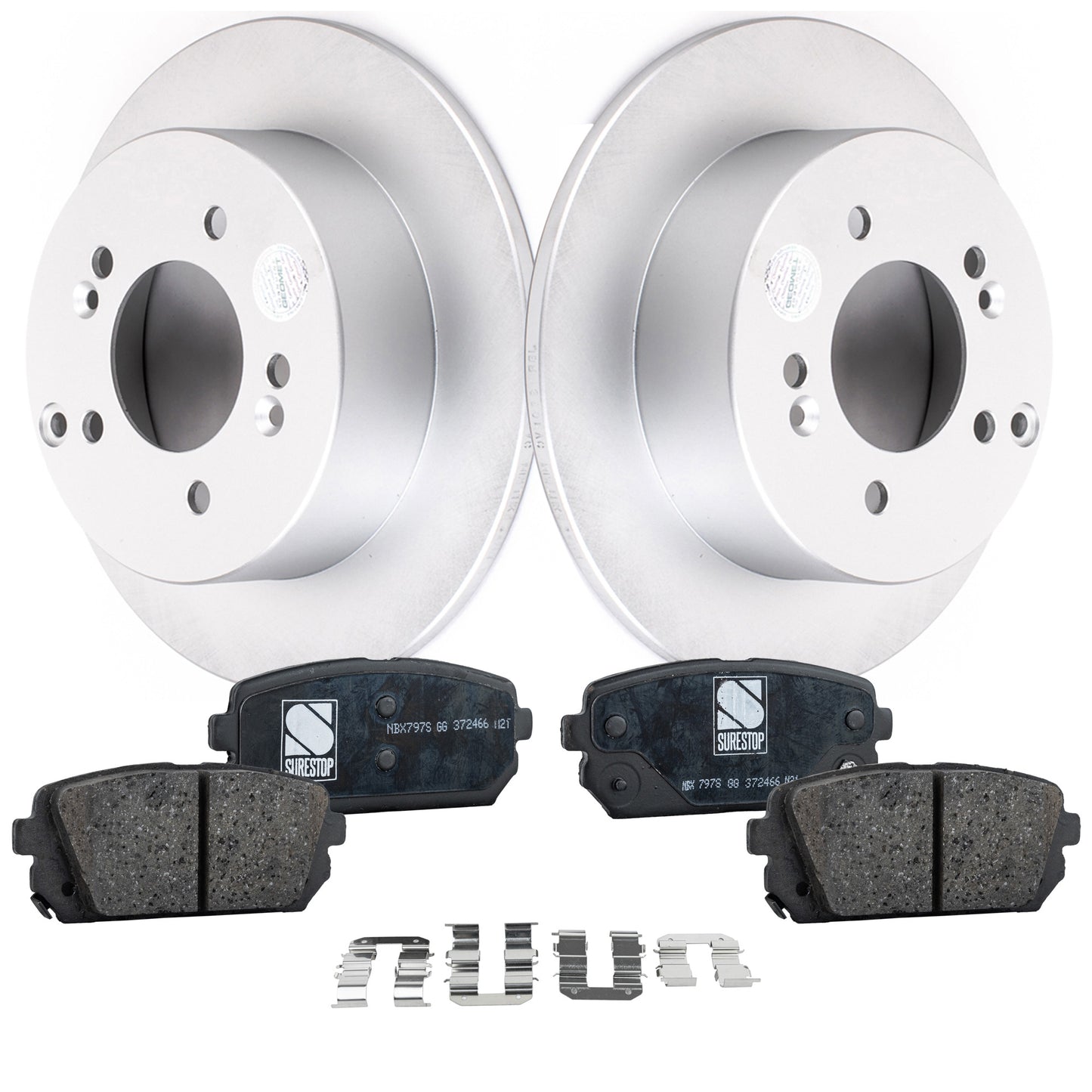 2-Wheel Set Rear Brake Disc and Pad Kit, Plain Surface 5 Lugs Ceramic Pro-Line Series, Includes (2) Brake Disc and (1) Brake Pad Set