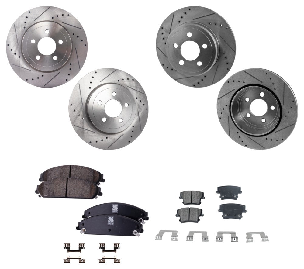 4-Wheel Set Front and Rear Brake Disc and Pad Kit, Cross-drilled and Slotted 5 Lugs Front-344.93 mm/Rear-320.04 mm Ceramic Pro-Line Series, Includes (2) Brake Pad Set and (4) Brake Disc