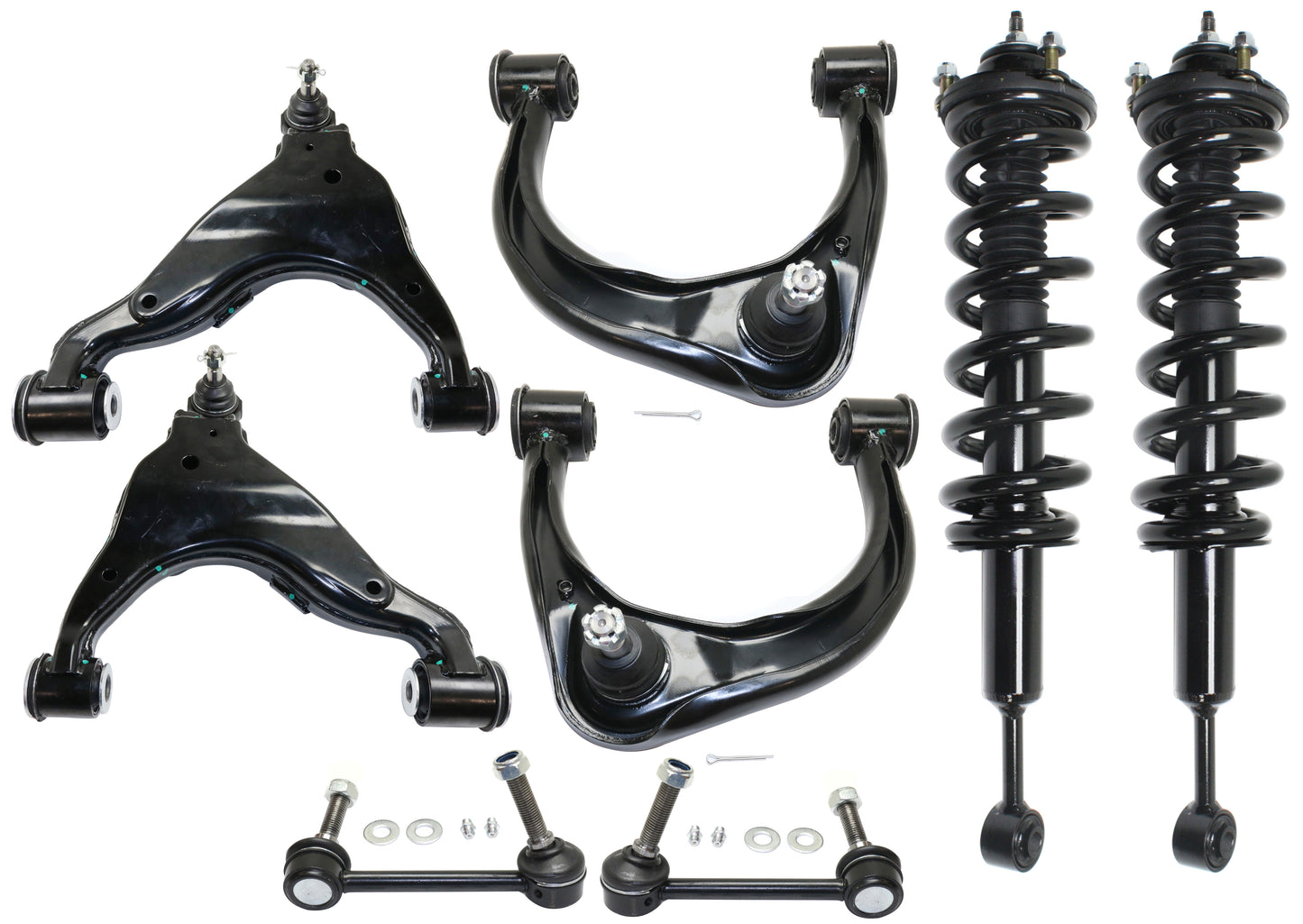 8-Piece Kit Front, Driver and Passenger Side, Upper and Lower Control Arm Kit, Includes (4) Control Arm, (2) Shock Absorber and Strut Assembly and (2) Sway Bar Link