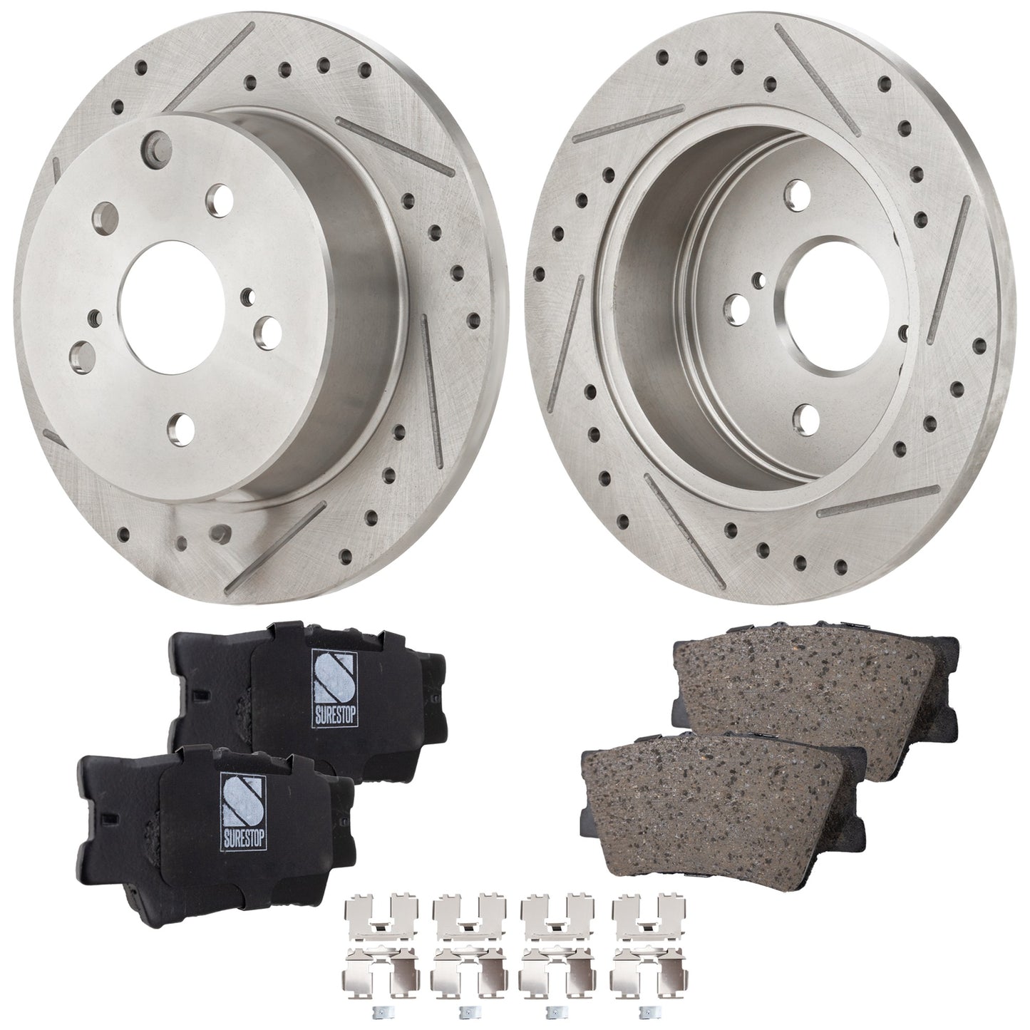 2-Wheel Set Front Brake Disc and Pad Kit, Cross-drilled and Slotted 6 Lugs 280 mm Ceramic Pro-Line Series, Includes (1) Brake Pad Set and (2) Brake Disc