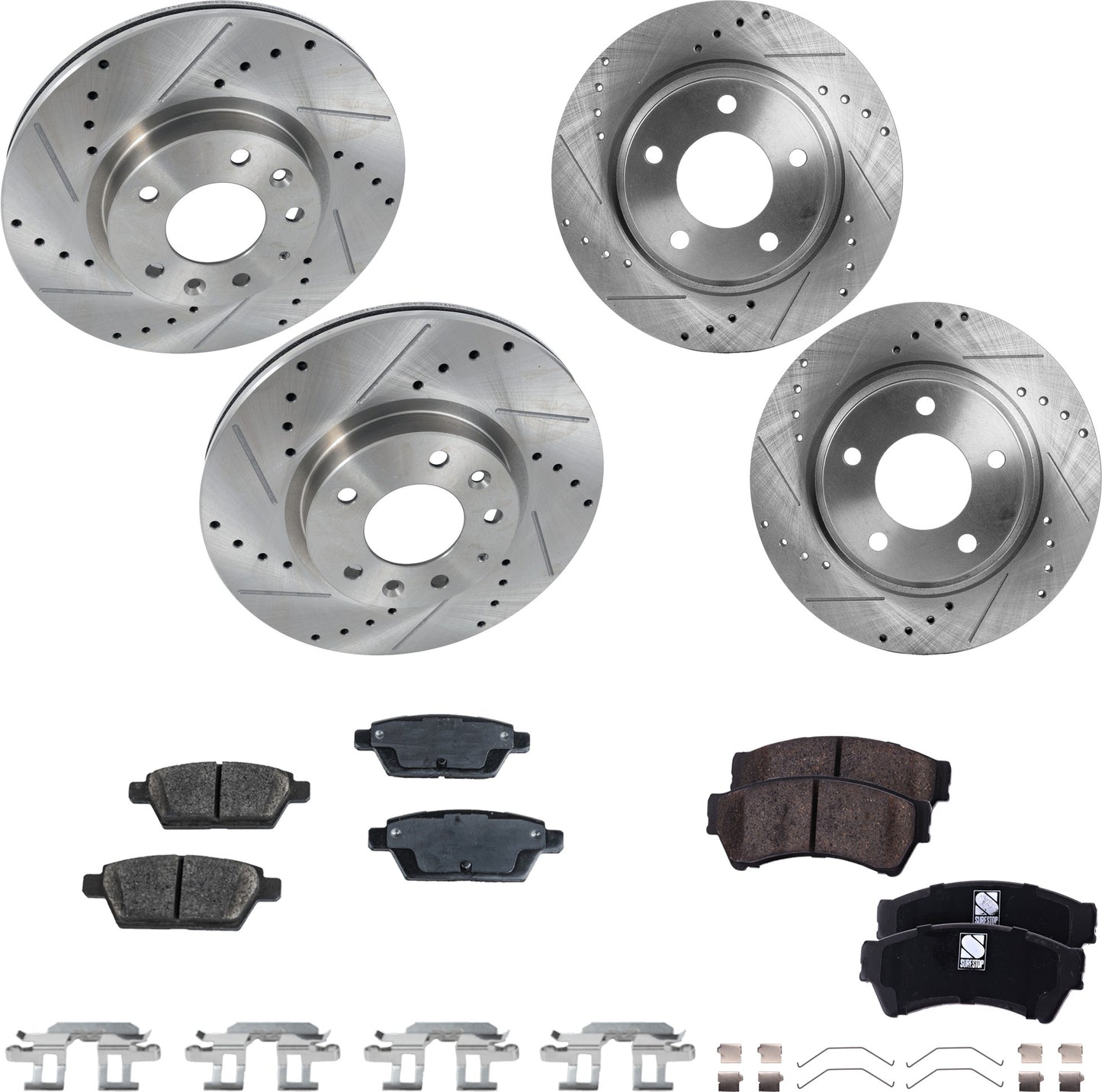 4-Wheel Set Front and Rear Brake Disc and Pad Kit, Cross-drilled and Slotted 5 Lugs Ceramic Pro-Line Series, includes (4) Brake Disc and (2) Brake Pad Set