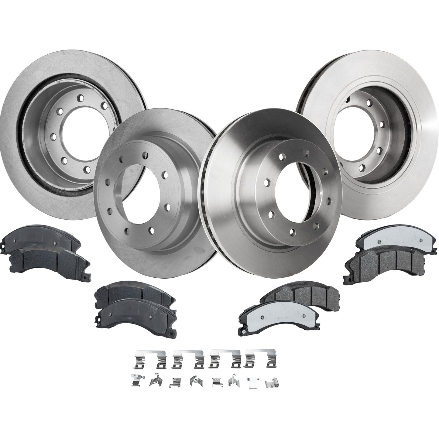4-Wheel Set Brake Disc and Pad Kit, Plain Surface 8 Lugs Front-359.92 mm/Rear-363.98 mm Semi-metallic Pro-Line Series, Includes (4) Brake Disc and (2) Brake Pad Set