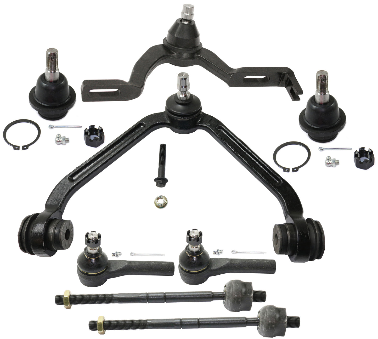 8-Piece Kit Front, Driver and Passenger Side, Upper Control Arm Kit, Includes (2) Ball Joint, (2) Control Arm, and (4) Tie Rod End