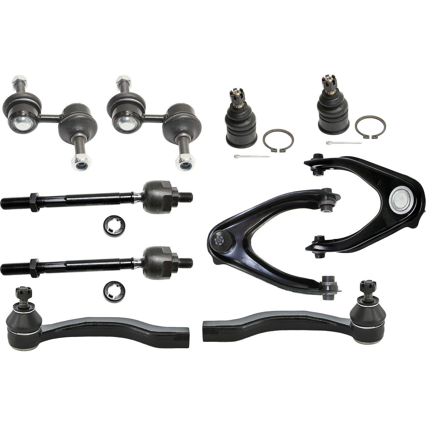 10-Piece Kit Front, Driver and Passenger Side, Upper Control Arm Kit, Includes (2) Ball Joint, (2) Control Arm, (2) Sway Bar Link, and (4) Tie Rod End