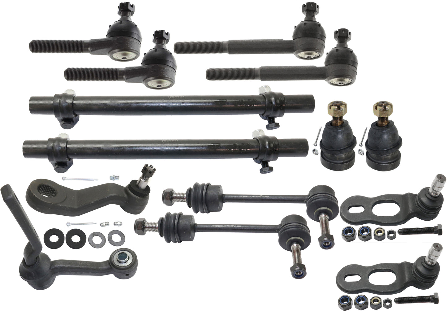 14-Piece Kit Front, Driver and Passenger Side Suspension Kit, Includes (4) Ball Joint, (4) Tie Rod End, (2) Tie Rod Adjusting Sleeve, (2) Sway Bar Link, (1) Pitman Arm and (1) Idler Arm