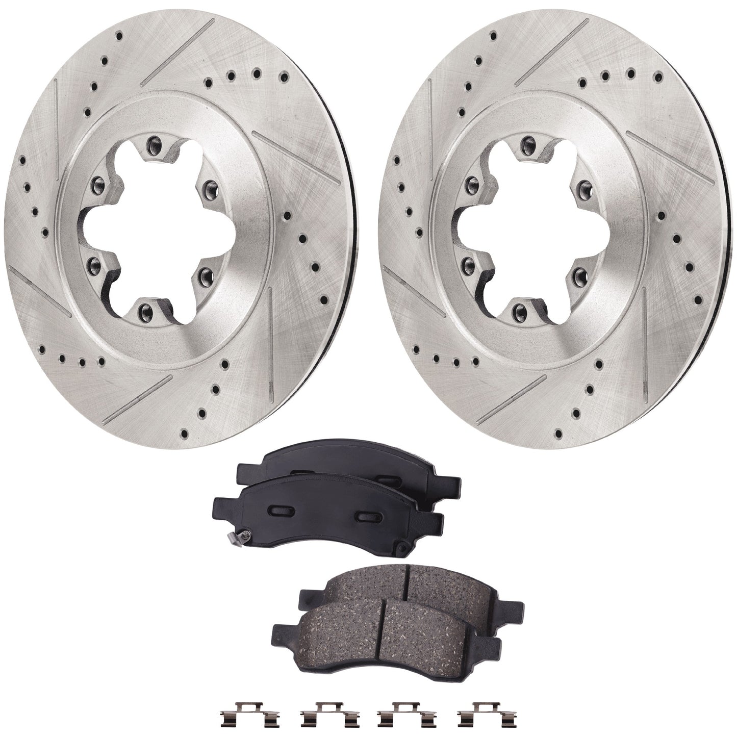 2-Wheel Set Front Brake Disc and Pad Kit, Cross-drilled and Slotted 6 Lugs 298 mm Ceramic Pro-Line Series, Includes (1) Brake Pad Set and (2) Brake Disc