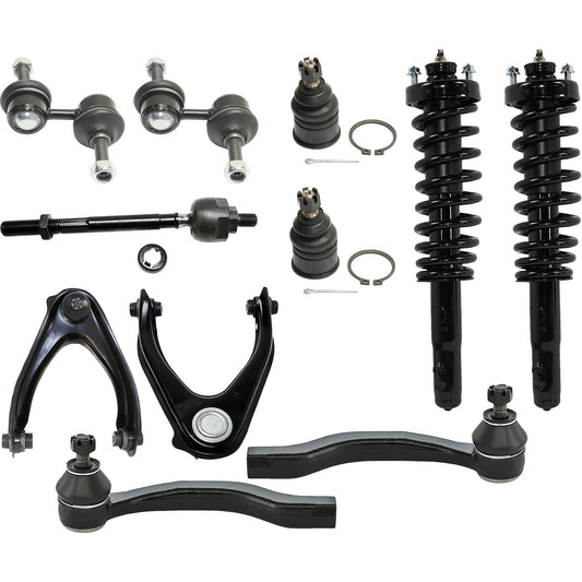 12-Piece Kit Front, Driver and Passenger Side, Upper Control Arm Kit, Includes (2) Ball Joint, (2) Control Arm, (2) Loaded Strut, (2) Sway Bar Link, and (4) Tie Rod End