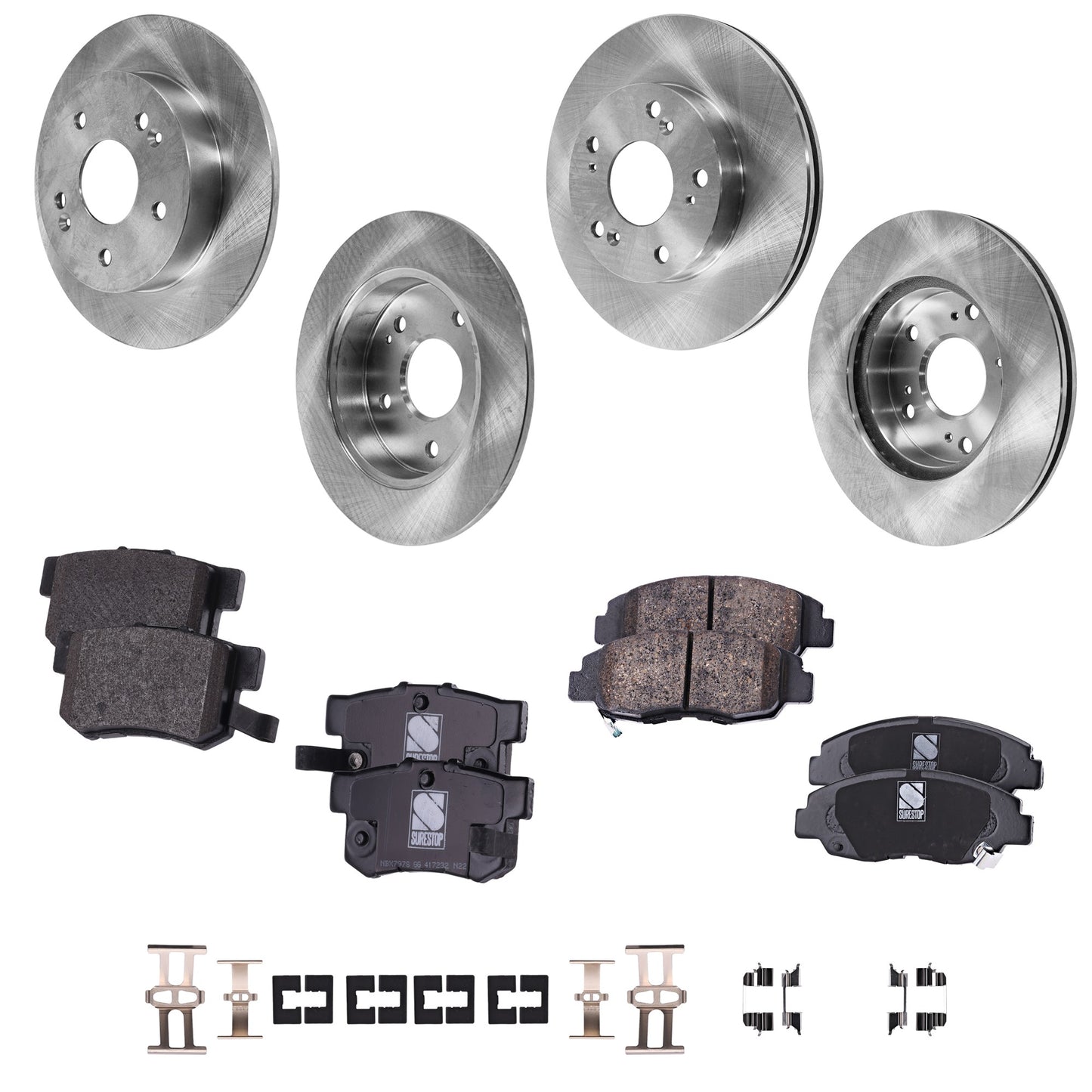 4-Wheel Set Front and Rear Brake Disc and Pad Kit, Plain Surface 5 Lugs Front-261.62 mm/Rear-259.59 mm Ceramic Pro-Line Series, Includes (2) Brake Pad Set and (4) Brake Disc