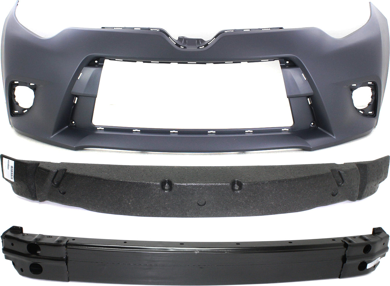 Комплект из 3-х частей: передний грунтованный бампер, подходит только для моделей CE/L/LE/LE Eco, без хромированной окантовки решетки радиатора, включает в себя (1) амортизатор бампера, (1) накладку бампера и (1) усилитель бампера