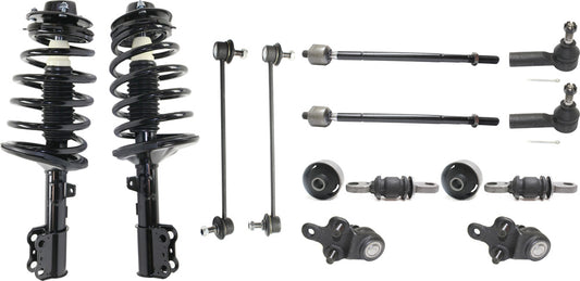 12-Piece Kit Front, Driver and Passenger Side Suspension Kit, Includes (2) Control Arm Bushing, (2) Ball Joint, (2) Sway Bar Link, (4) Tie Rod End and (2) Shock Absorber and Strut Assembly