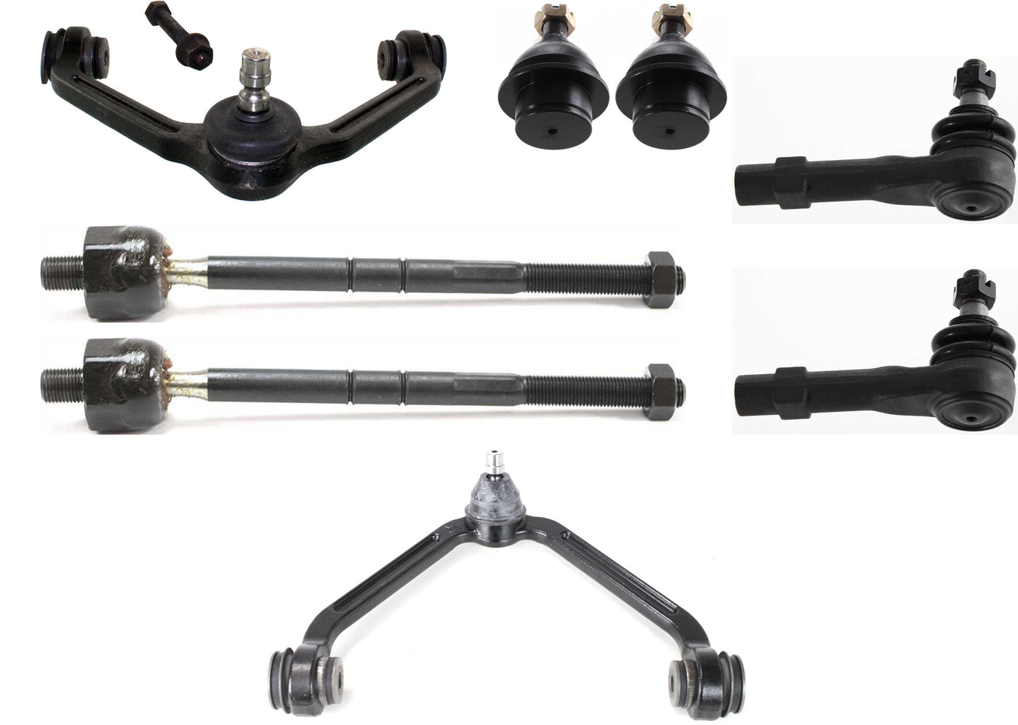 Комплект из 8 рычагов управления для передней части, со стороны водителя и пассажира, включает в себя (2) шаровых шарнира, (2) рычага управления и (4) наконечника рулевой тяги