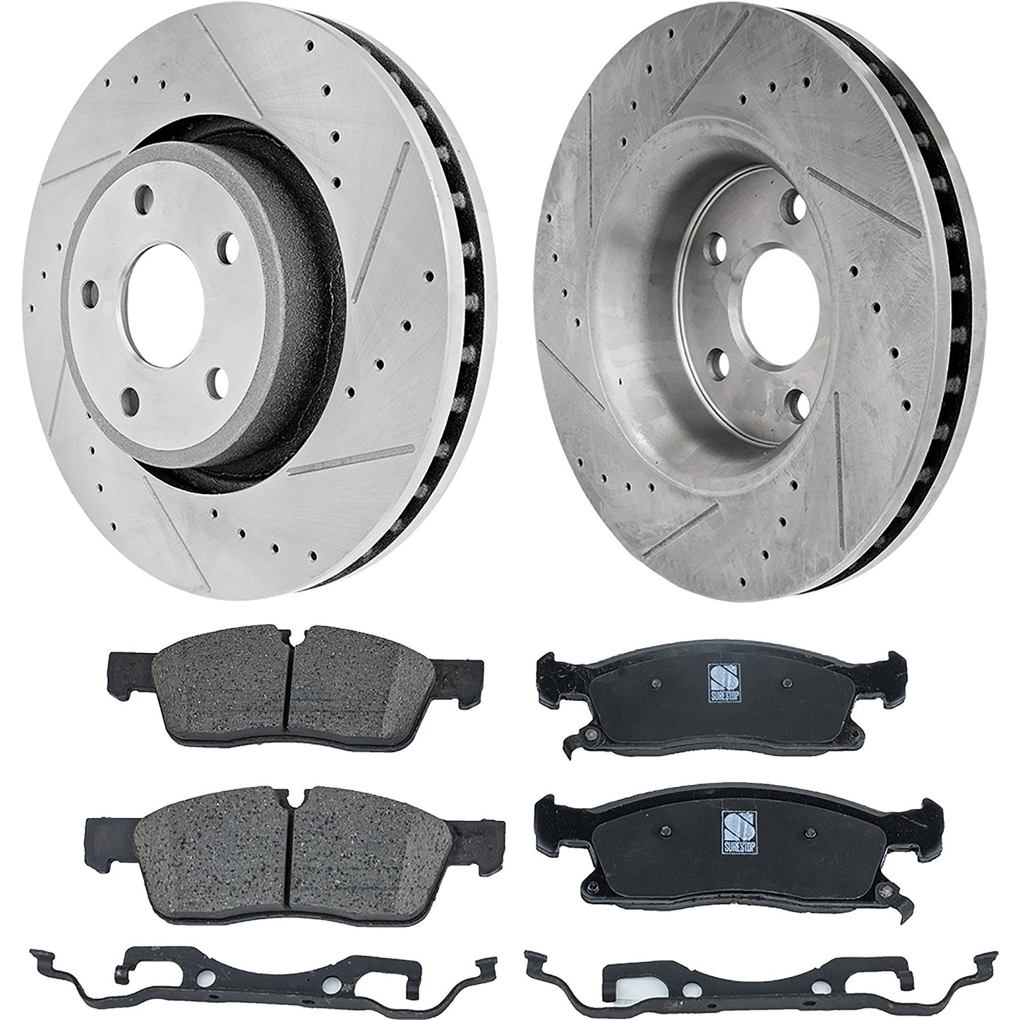 2-Wheel Set Front Brake Disc and Pad Kit, Cross-drilled and Slotted 5 Lugs 350 mm Pro-Line Series, Includes (1) Brake Pad Set and (2) Brake Disc