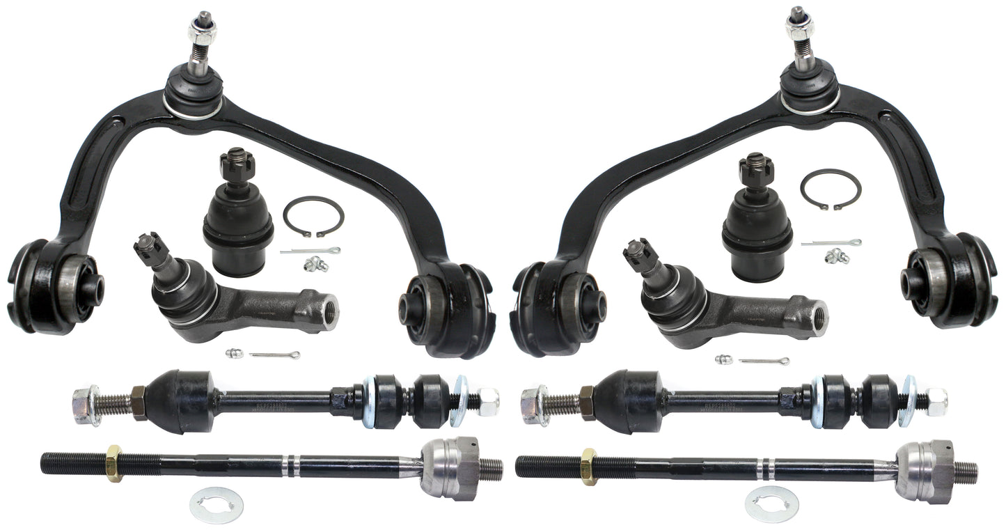 10-Piece Kit Front, Driver and Passenger Side, Upper Control Arm Kit, Includes (2) Control Arm, (2) Ball Joint, (4) Tie Rod End and (2) Sway Bar Link