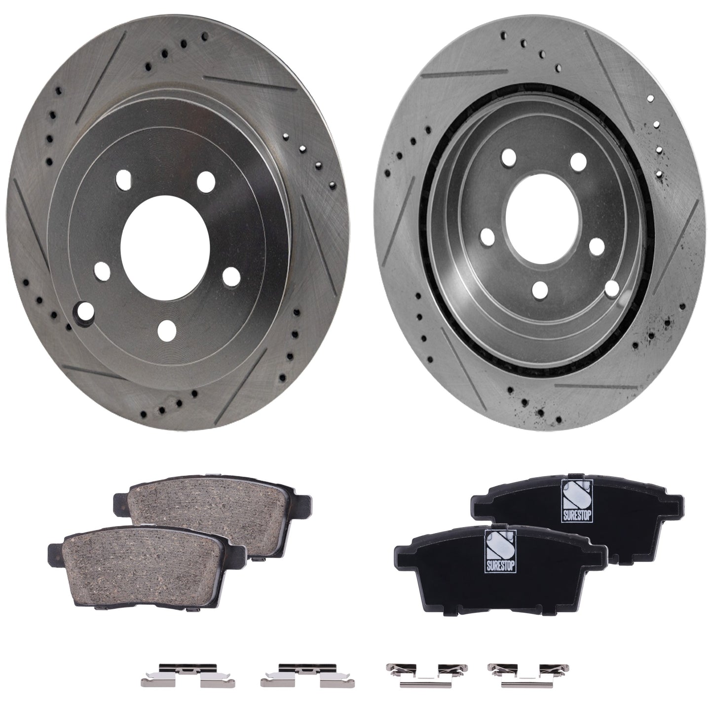 2-Wheel Set Rear Brake Disc and Pad Kit, Cross-drilled and Slotted 302.01 mm Ceramic, Includes (2) Brake Disc and (1) Brake Pad Set