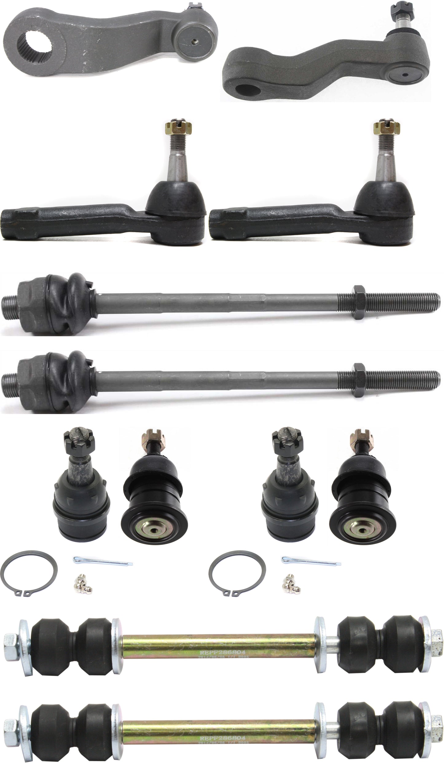 Комплект передней подвески из 12 деталей, включает в себя (4) шаровых шарнира, (4) наконечника рулевой тяги, (2) тяги стабилизатора поперечной устойчивости, (1) сошку и (1) маятниковый рычаг