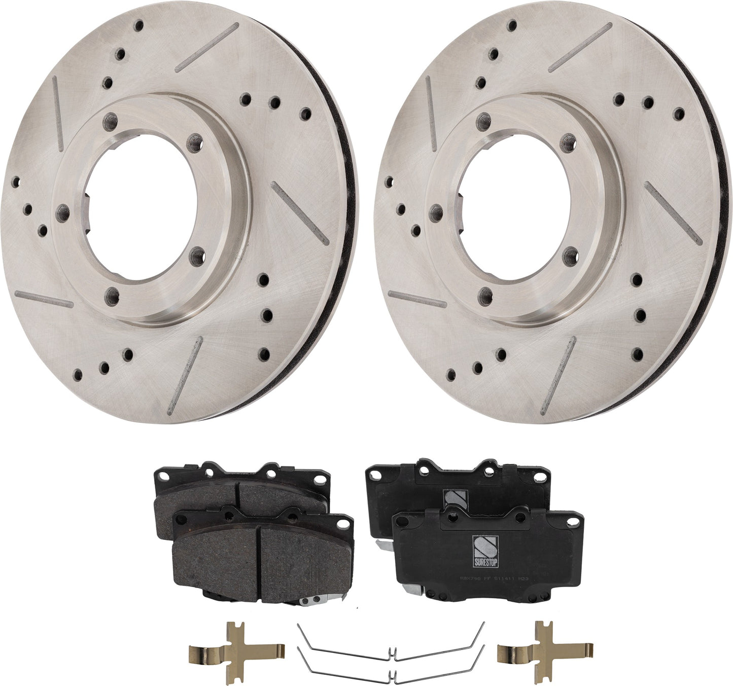 2-Wheel Set Front Brake Disc and Pad Kit, Cross-drilled and Slotted 5 Lugs 253.75 mm Ceramic RWD Pro-Line Series, Includes (1) Brake Pad Set and (2) Brake Disc