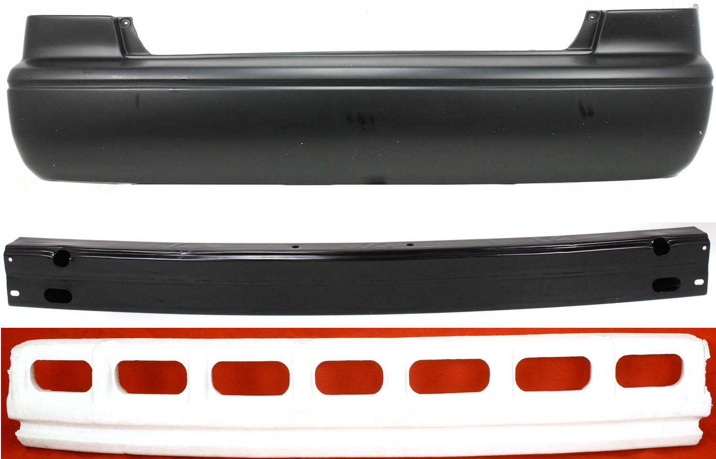 3-Piece Kit, Rear Primed Bumper Cover, USA Built Vehicle, Includes (1) Bumper Absorber, (1) Bumper Cover, and (1) Bumper Reinforcement