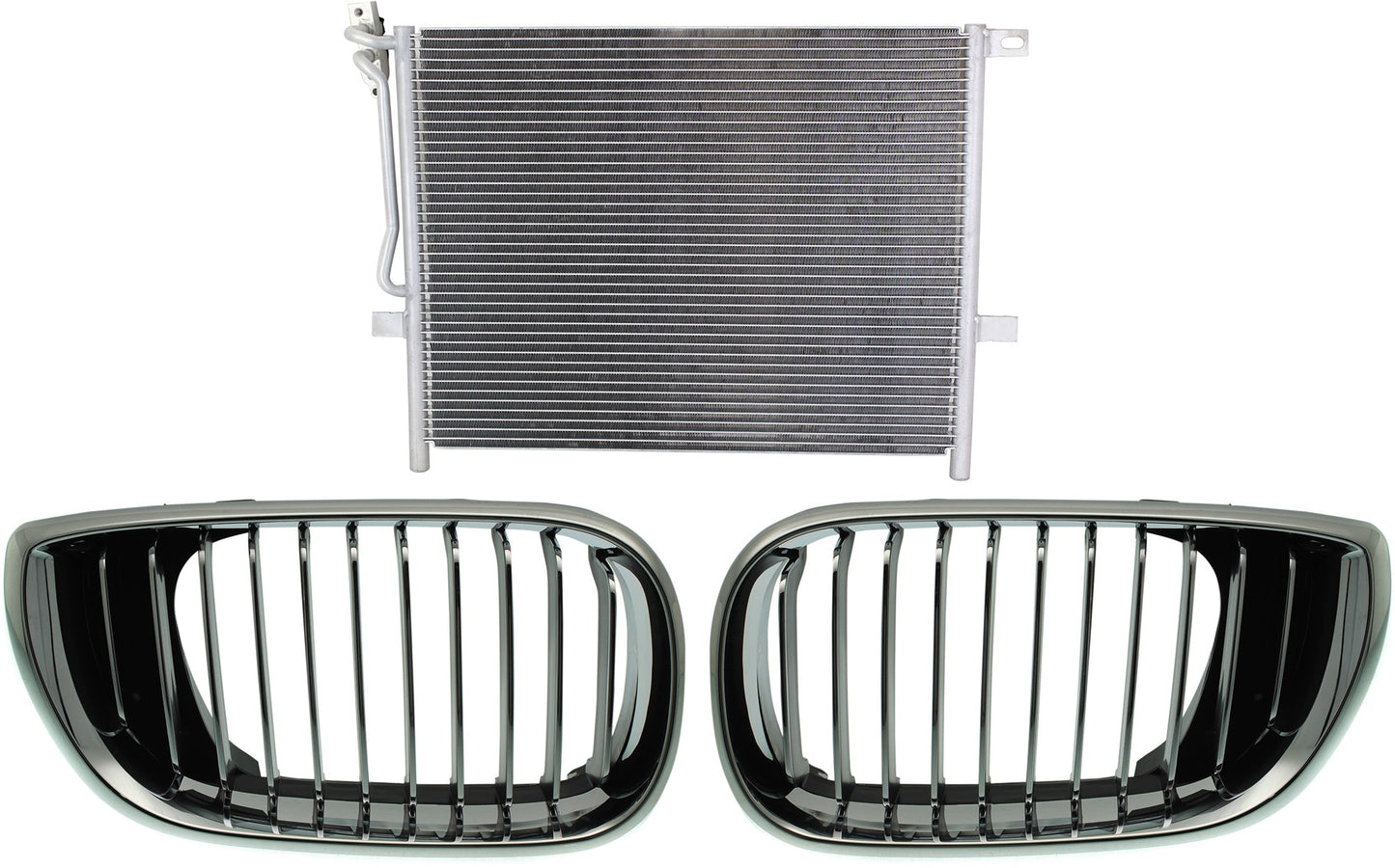 3-Piece Kit Driver and Passenger Side Grille Chrome, Includes (1) A/C Condenser and (2) Grille Assembly