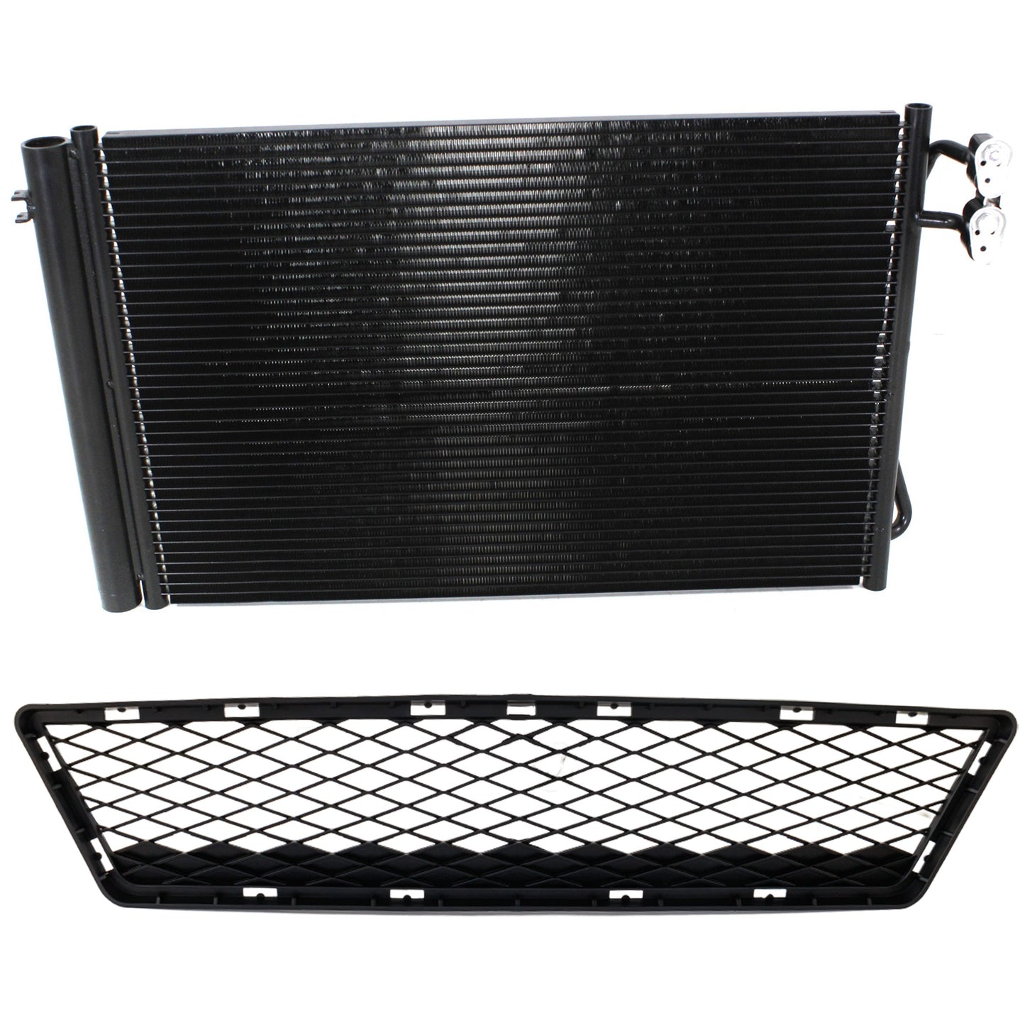 2-Piece Kit, Center Grille Primed Black, mfrbodycodename : E92, For Models Without Adaptive Cruise Control, Includes (1) A/C Condenser and (1) Grille Assembly
