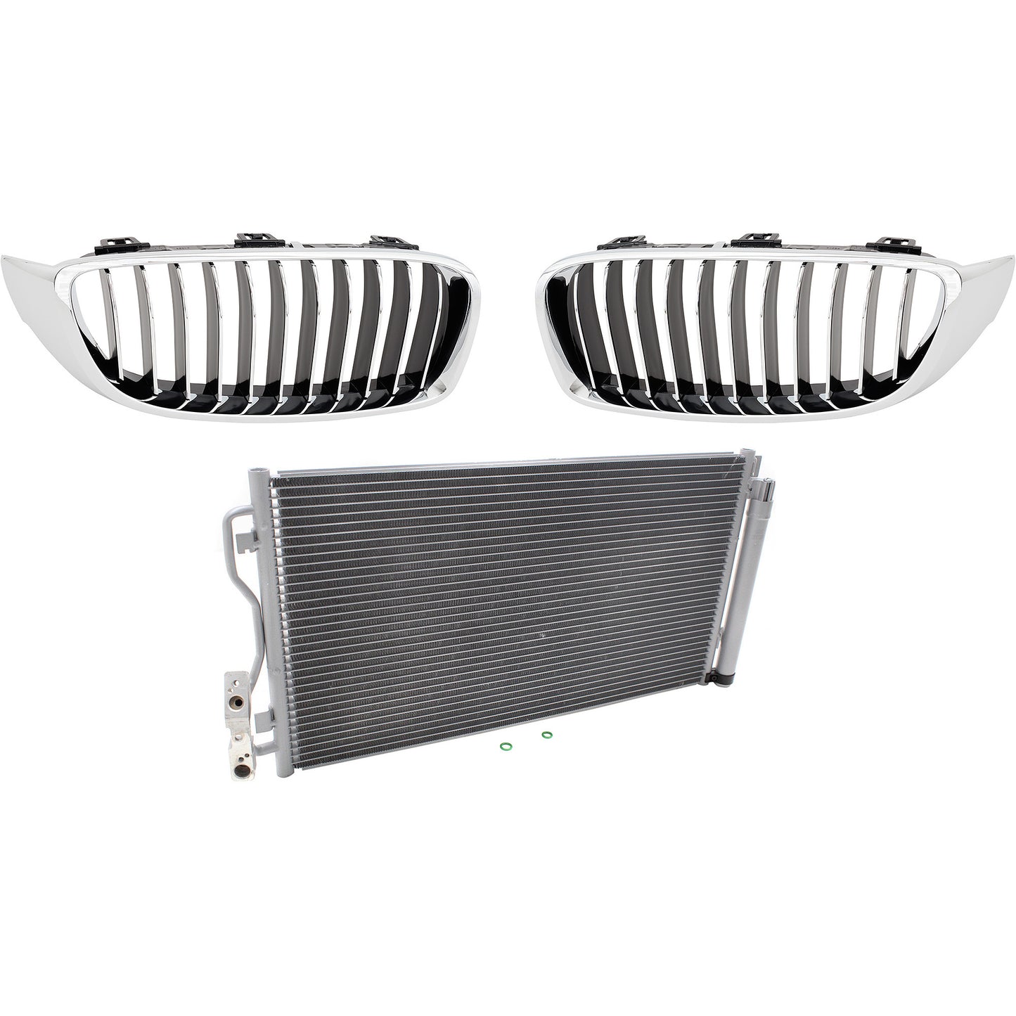 3-Piece Kit Base Driver and Passenger Side Grille Chrome Shell w/ Textured Black Insert, Includes (1) A/C Condenser and (2) Grille Assembly