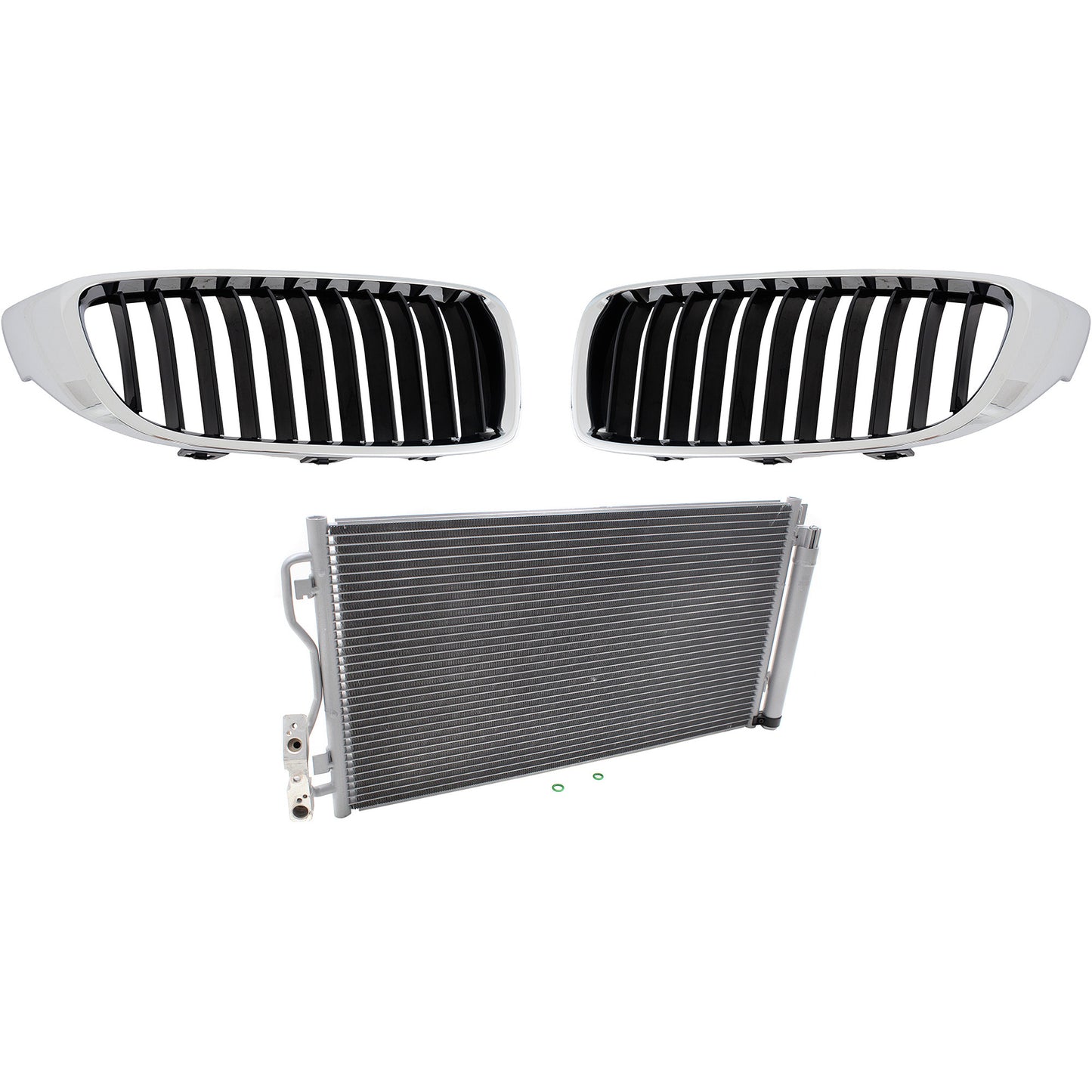 3-Piece Kit Base Driver and Passenger Side Grille Chrome Shell w/ Textured Black Insert, Includes (1) A/C Condenser and (2) Grille Assembly