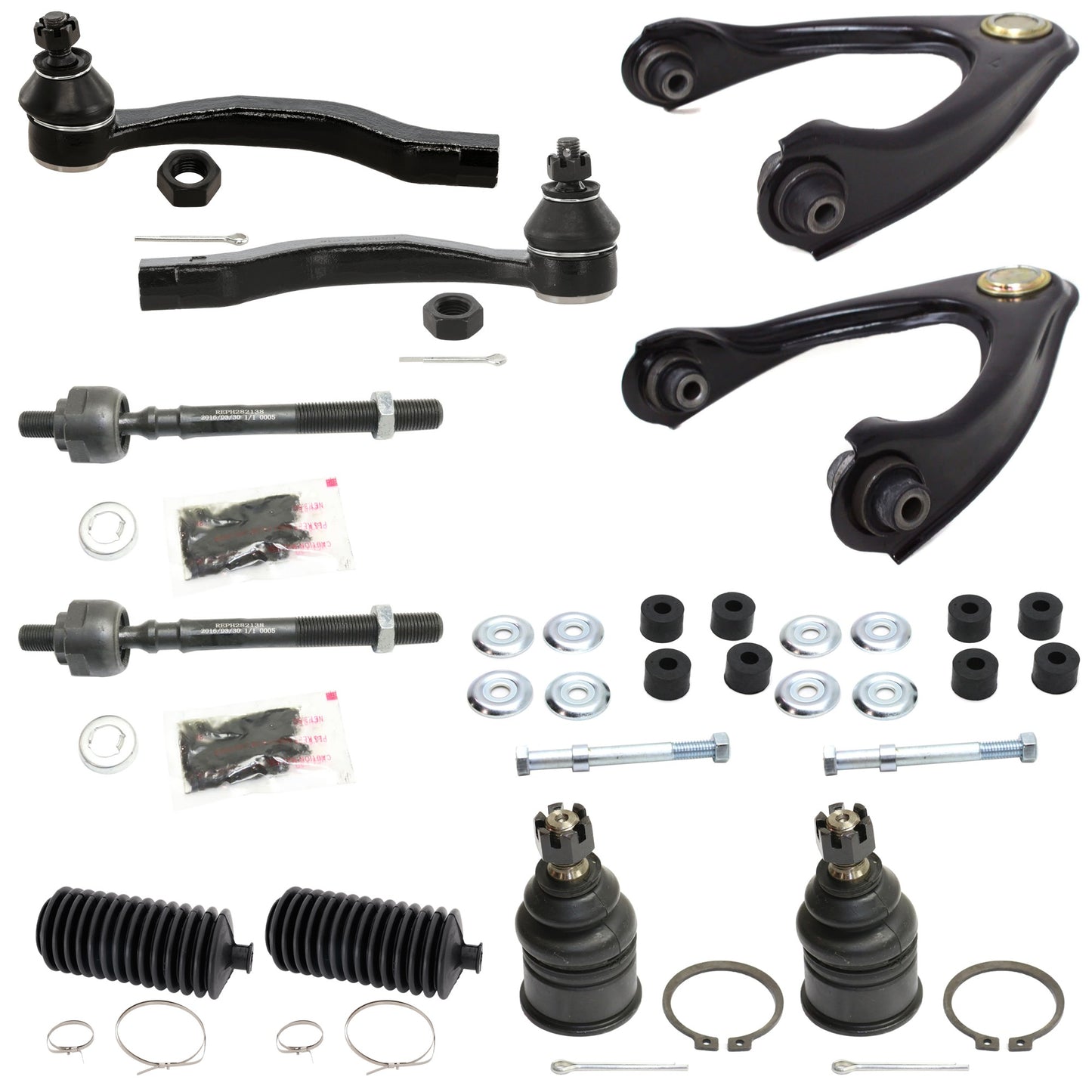 12-Piece Kit Driver and Passenger Side Suspension Kit, Includes (2) Ball Joint, (2) Control Arm, (2) Steering Rack Boot, (2) Sway Bar Link and (4) Tie Rod End