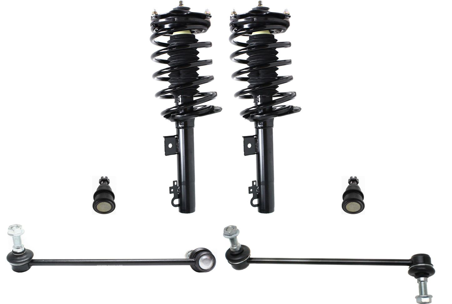 Комплект передней подвески из 6 частей, включает в себя (2) шаровых шарнира, (2) тяги стабилизатора поперечной устойчивости и (2) амортизатора и стойки в сборе