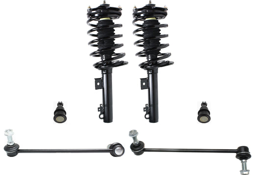 Комплект передней подвески из 6 частей, включает в себя (2) шаровых шарнира, (2) тяги стабилизатора поперечной устойчивости и (2) амортизатора и стойки в сборе