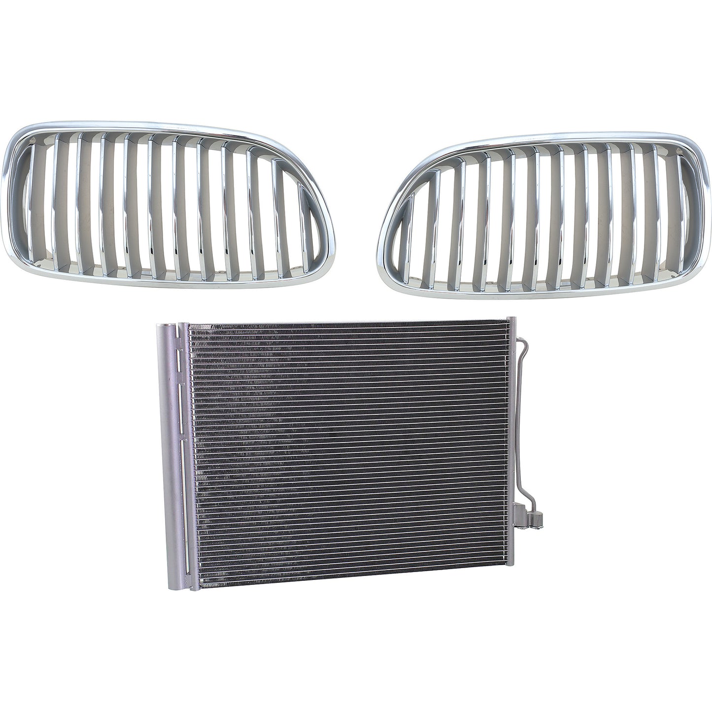 3-Piece Kit Base Sedan Driver and Passenger Side Grille Chrome, Includes (1) A/C Condenser and (2) Grille Assembly