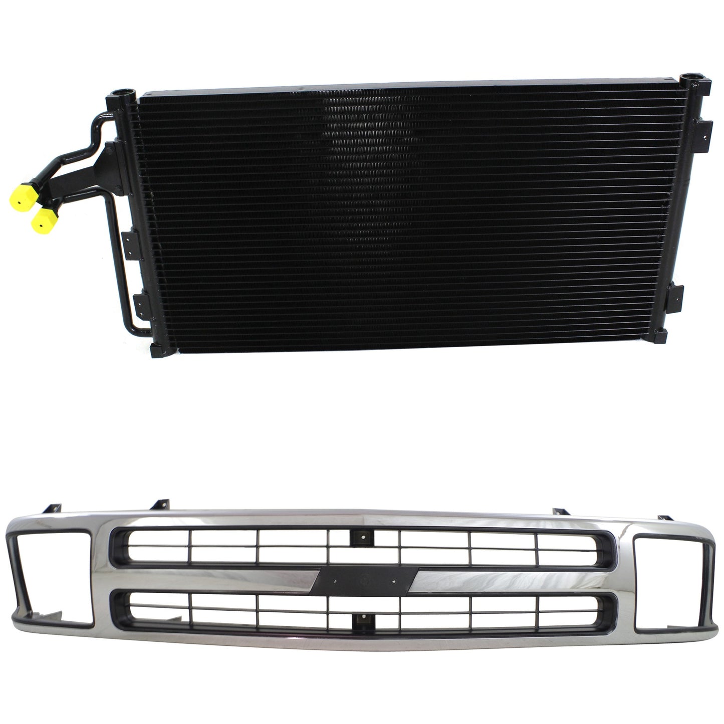 2-Piece Kit, Grille Chrome Shell with Black Insert, Includes (1) A/C Condenser and (1) Grille Assembly