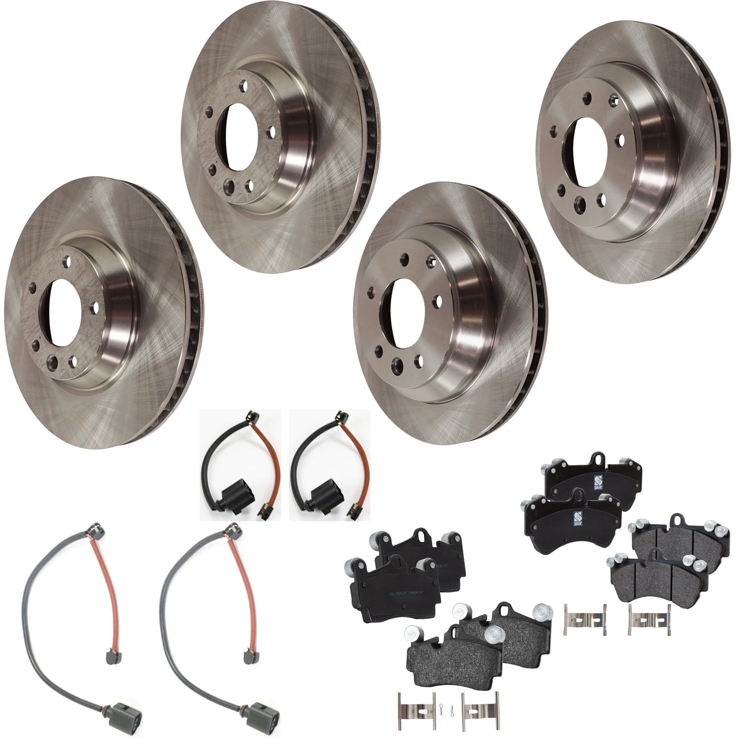 Комплект тормозных дисков и колодок на 4 колеса, гладкая поверхность, 5 болтов, передние - 350,01 мм / задние - 329,95 мм, органические, в комплекте (4) тормозных диска, (2) комплекта тормозных колодок и (4) датчика тормозных колодок