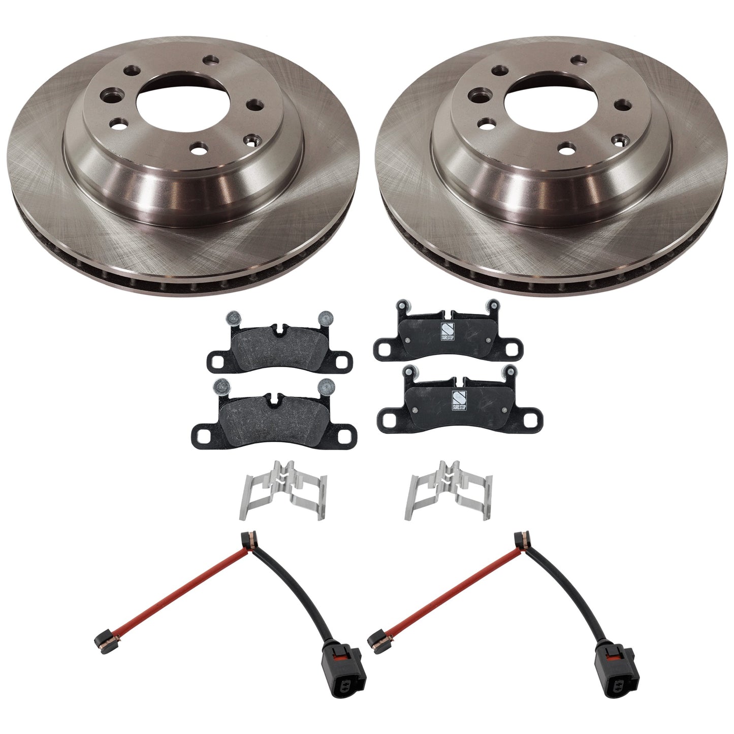 Комплект из 2 задних тормозных дисков и колодок, гладкая поверхность, 5 болтов, 329,95 мм, органический, включает в себя (1) комплект тормозных колодок, (2) датчика тормозных колодок и (2) тормозных диска