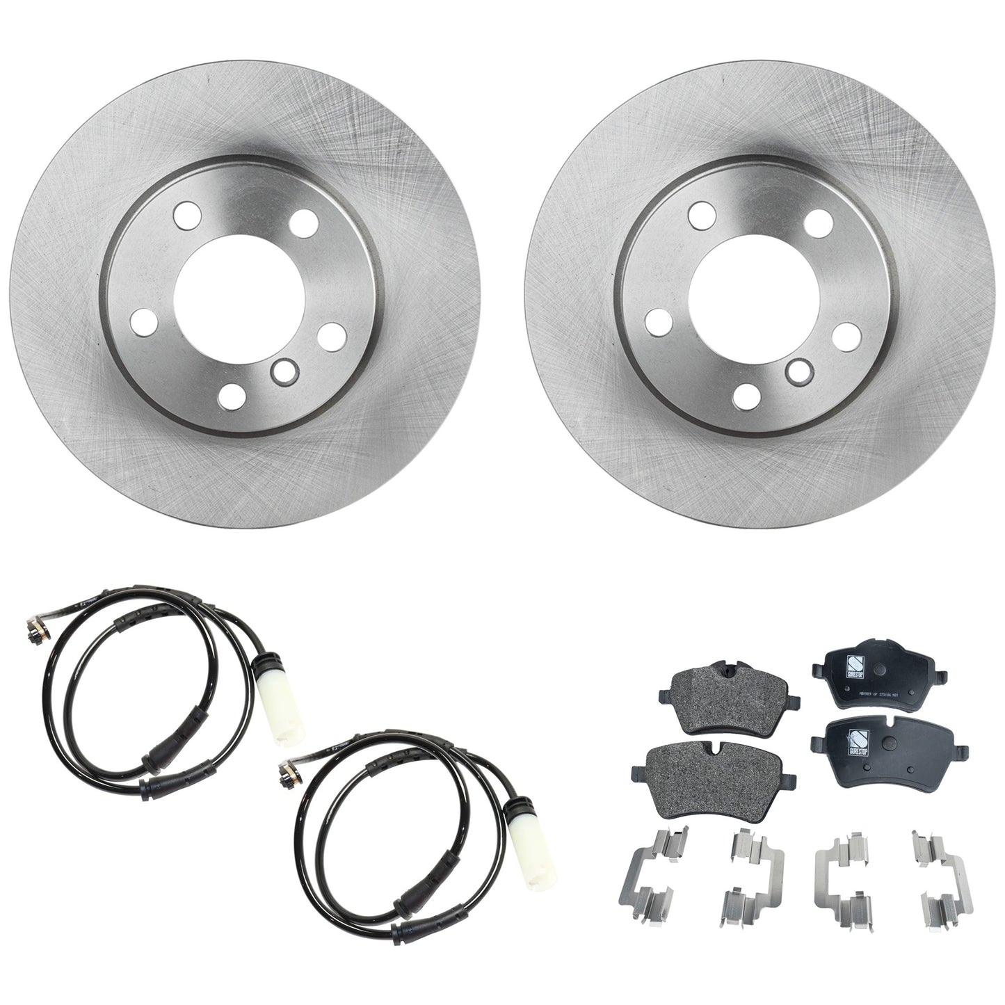 Комплект тормозных дисков и колодок на 2 колеса, гладкая поверхность, 5 болтов, 293,88 мм, керамика, включает в себя (2) тормозных диска, (1) комплект тормозных колодок и (2) датчика тормозных колодок
