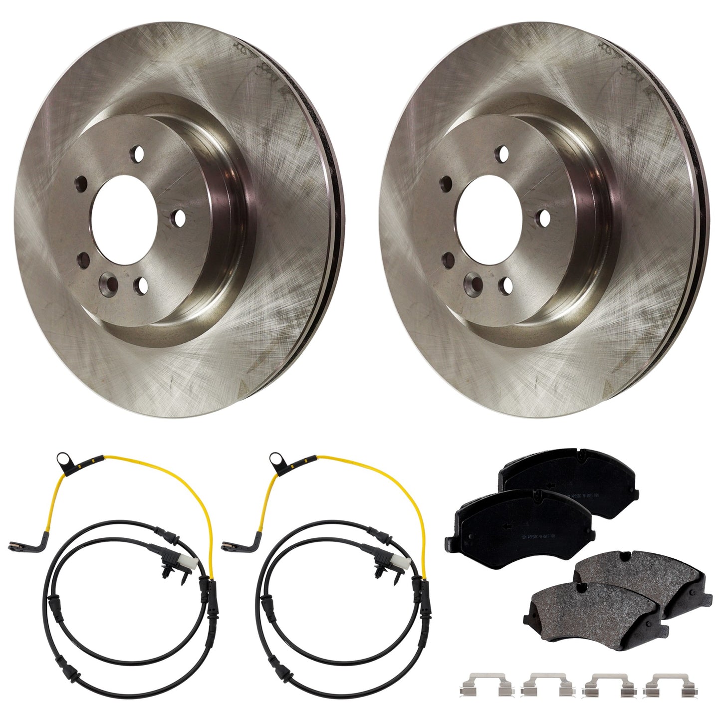 Комплект тормозных дисков и колодок на 2 колеса, гладкая поверхность, 5 болтов, 359,92 мм, органический, включает в себя (1) комплект тормозных колодок, (2) датчика тормозных колодок и (2) тормозных диска