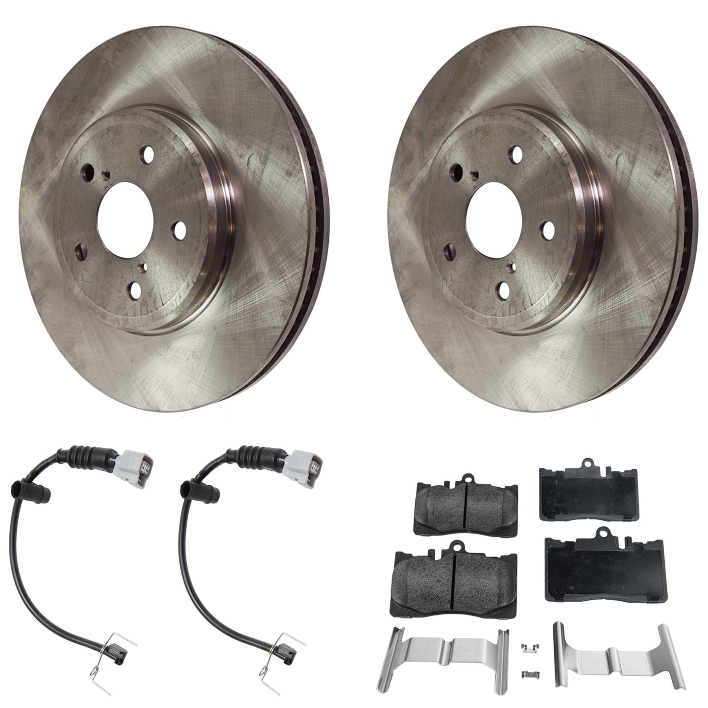 Комплект из 2 передних тормозных дисков и колодок, гладкая поверхность, 5 болтов, 314,96 мм, керамика, включает в себя (2) тормозных диска, (1) комплект тормозных колодок и (2) датчика тормозных колодок
