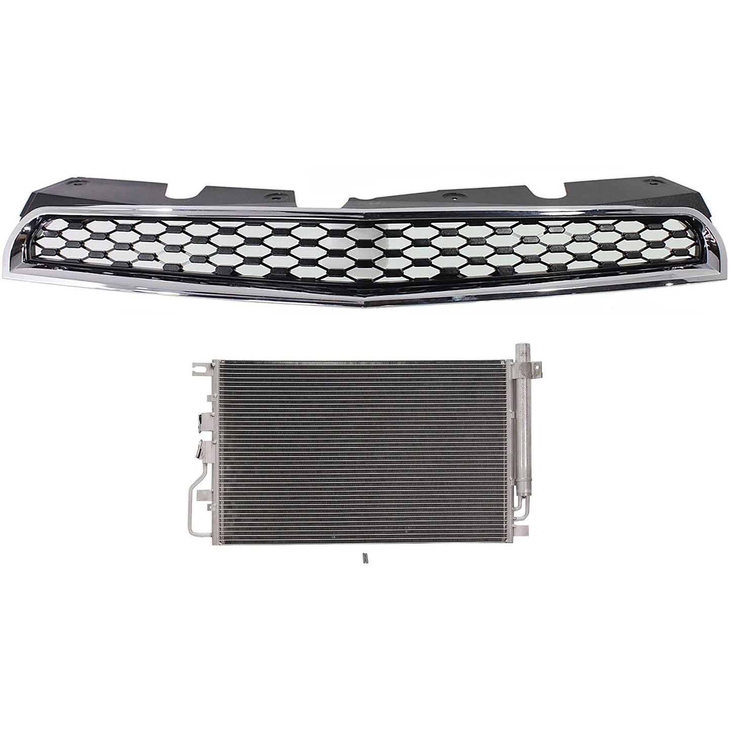 2-Piece Kit Upper Grille Chrome Shell with Painted Black Insert, Includes (1) A/C Condenser and (1) Grille Assembly