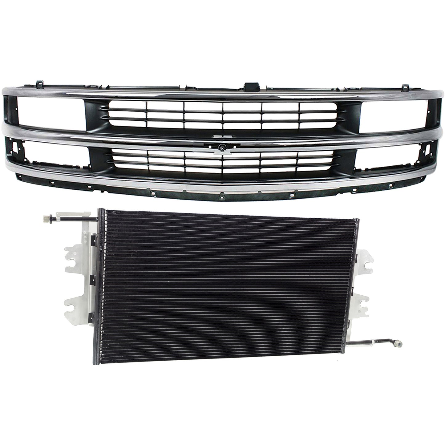 2-Piece Kit Grille Chrome Shell with Painted Gray Insert, For Models With Composite Headlights, Includes (1) A/C Condenser and (1) Grille Assembly