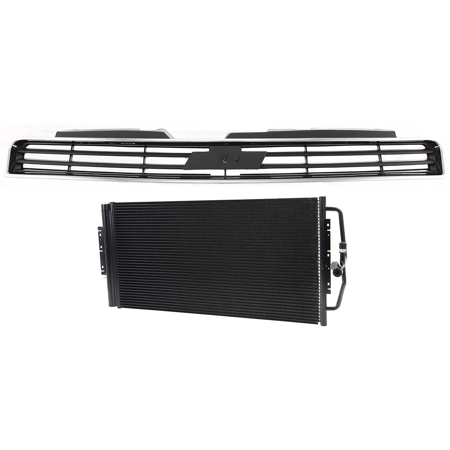 2-Piece Kit Grille Chrome Shell with Dark Gray Insert, Includes (1) A/C Condenser and (1) Grille Assembly