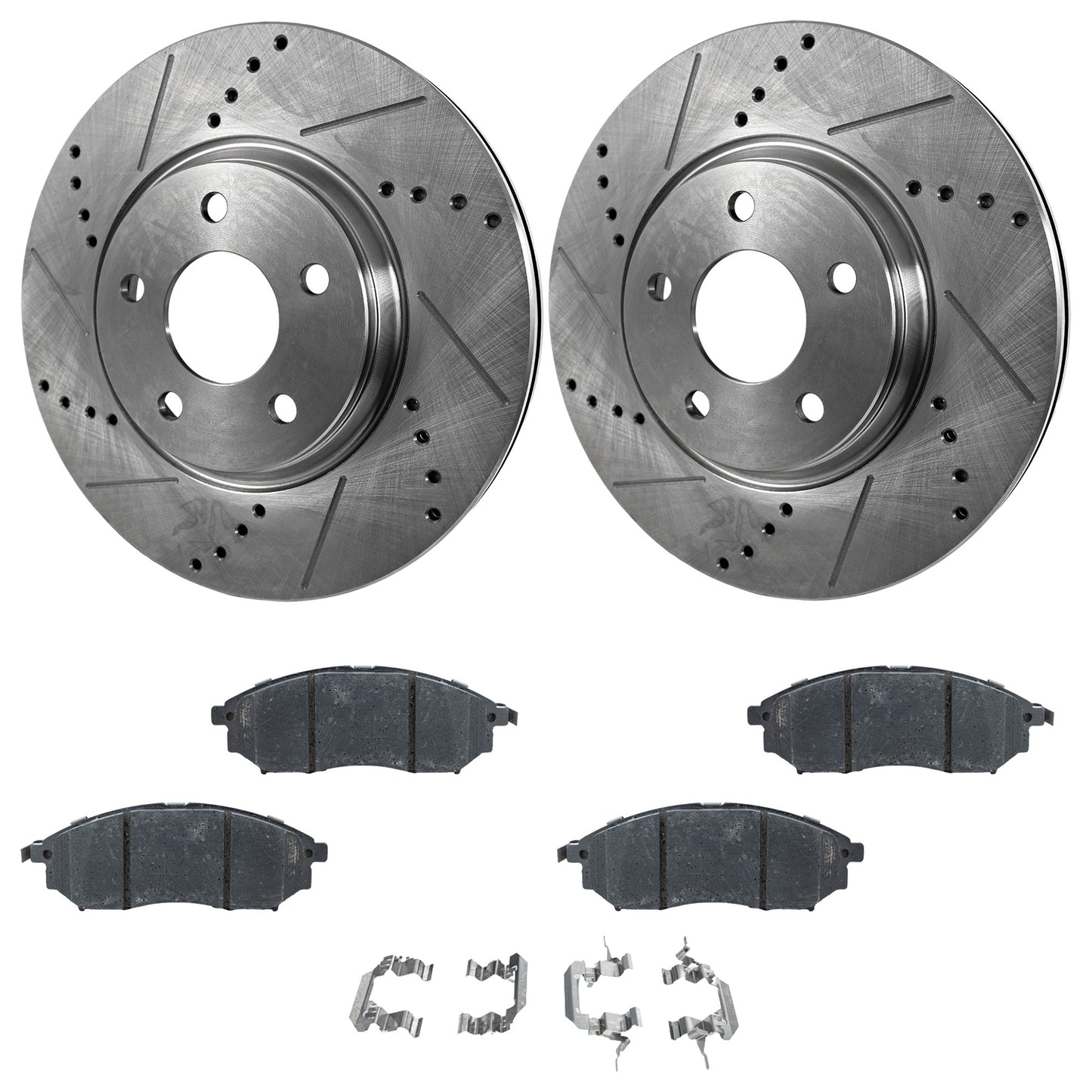 2-Wheel Set Front Brake Disc and Pad Kit, Cross-drilled and Slotted 5 Lugs 319.5 mm, Includes (1) Brake Pad Set and (2) Brake Disc
