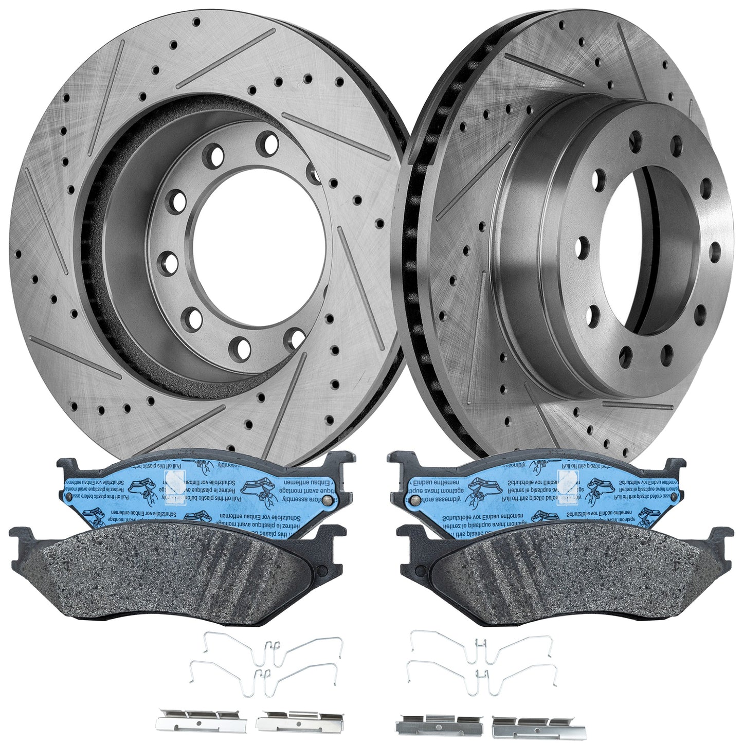 2-Wheel Set Brake Disc and Pad Kit, Cross-drilled and Slotted 10 Lugs 369 mm Semi-metallic Pro-Line Series, Includes (1) Brake Disc and (1) Brake Pad Set