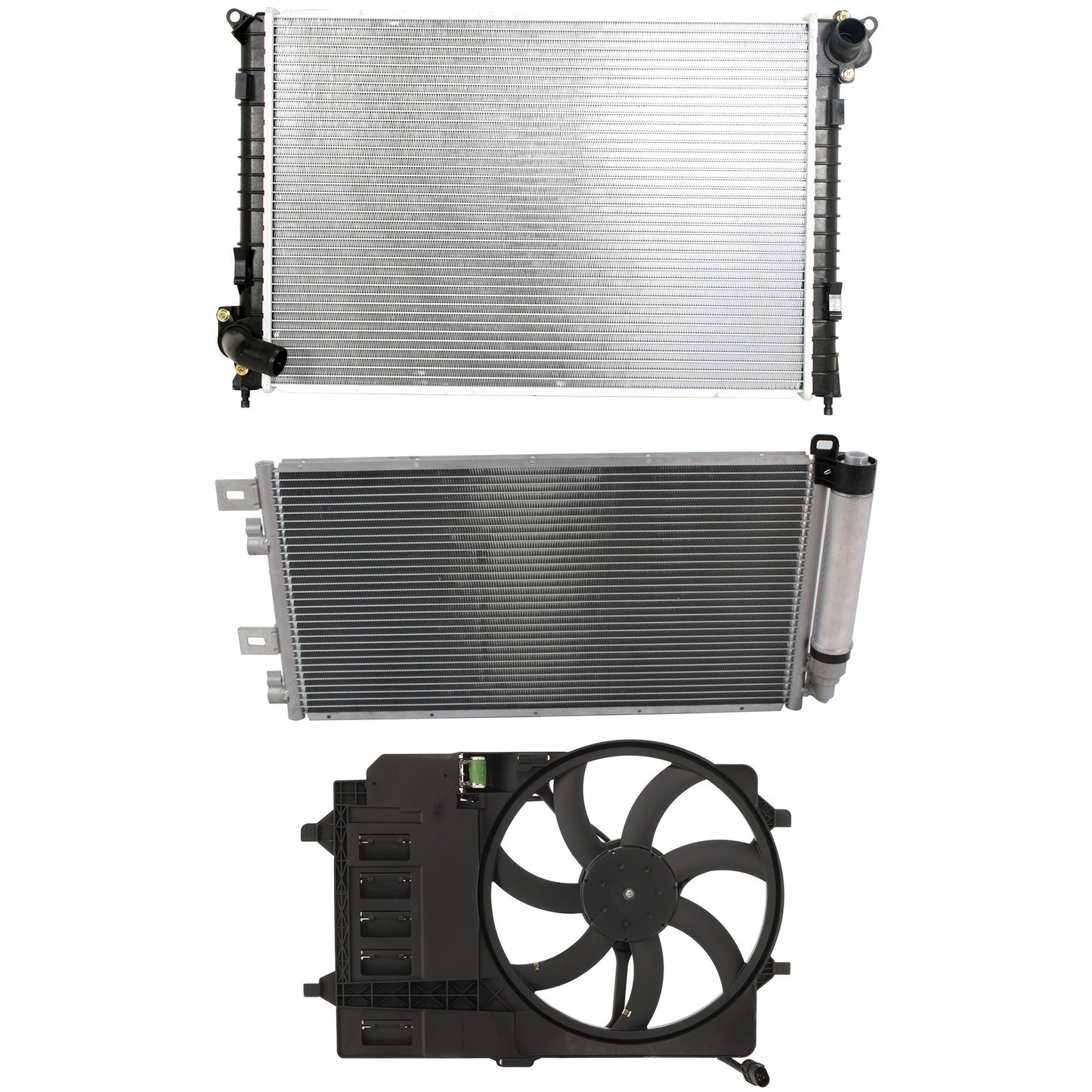 3-Piece Kit Radiator, 1.6L, 4Cyl, Includes (1) Radiator, (1) Cooling Fan Assembly and (1) A/C Condenser