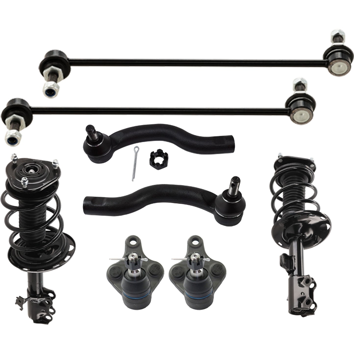 8-Piece Kit Front Suspension Kit, Includes (2) Ball Joint, (2) Shock Absorber and Strut Assembly, (2) Sway Bar Link, and (2) Tie Rod End