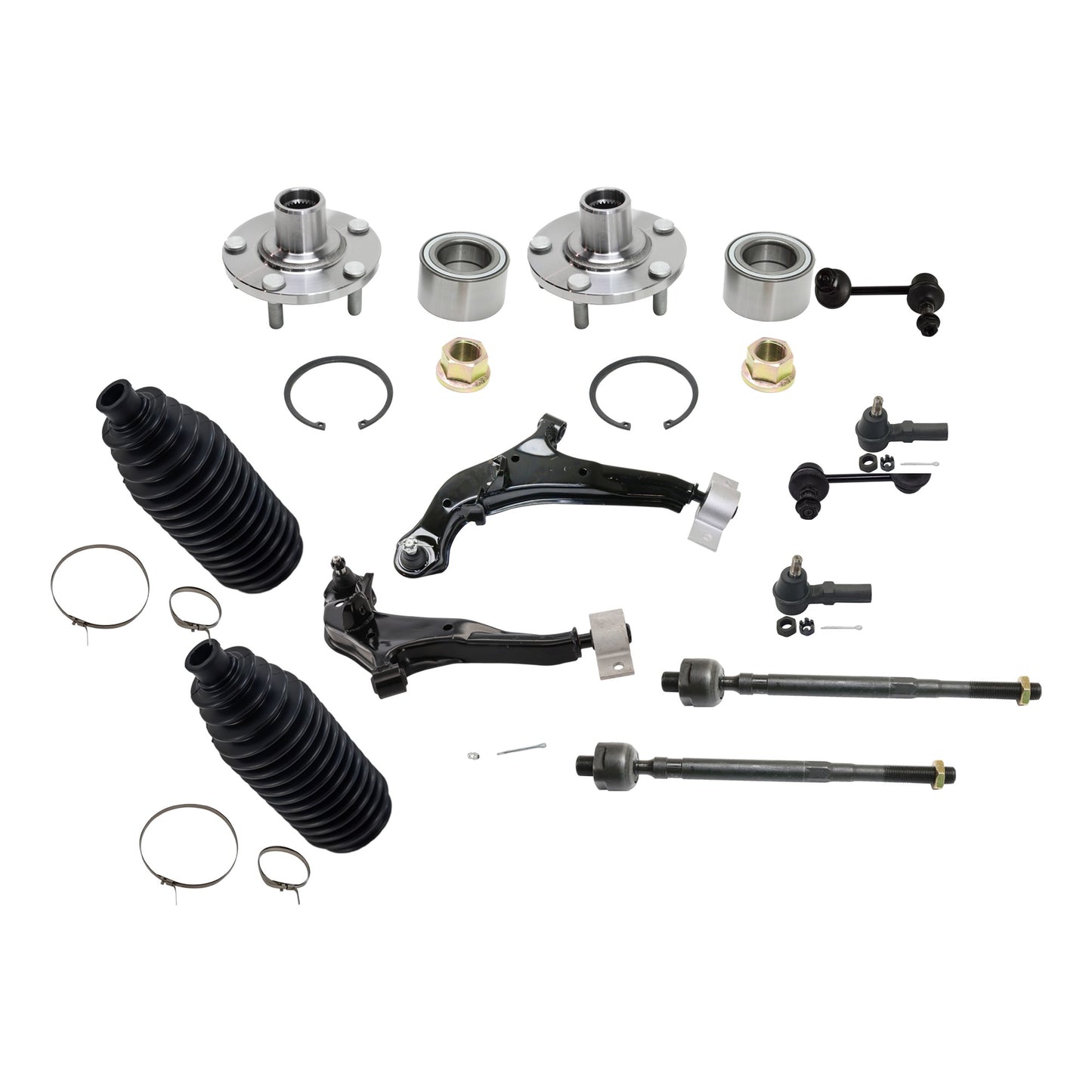 12-Piece Kit Front, Driver and Passenger Side Suspension Kit, Includes (2) Control Arm, (2) Steering Rack Boot, (2) Sway Bar Link, (4) Tie Rod End, and (2) Wheel Hub