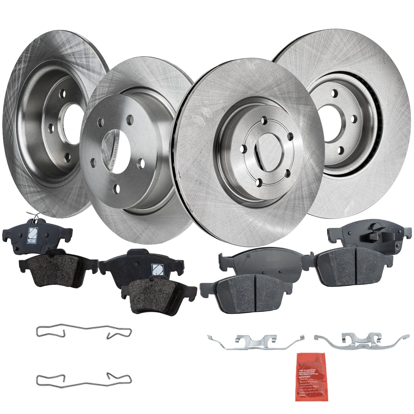 4-Wheel Set Front and Rear Brake Disc and Pad Kit, Plain Surface 5 Lugs Front-299.97 mm/Rear-279.91 mm Organic Pro-Line Series, Includes (4) Brake Disc and (2) Brake Pad Set