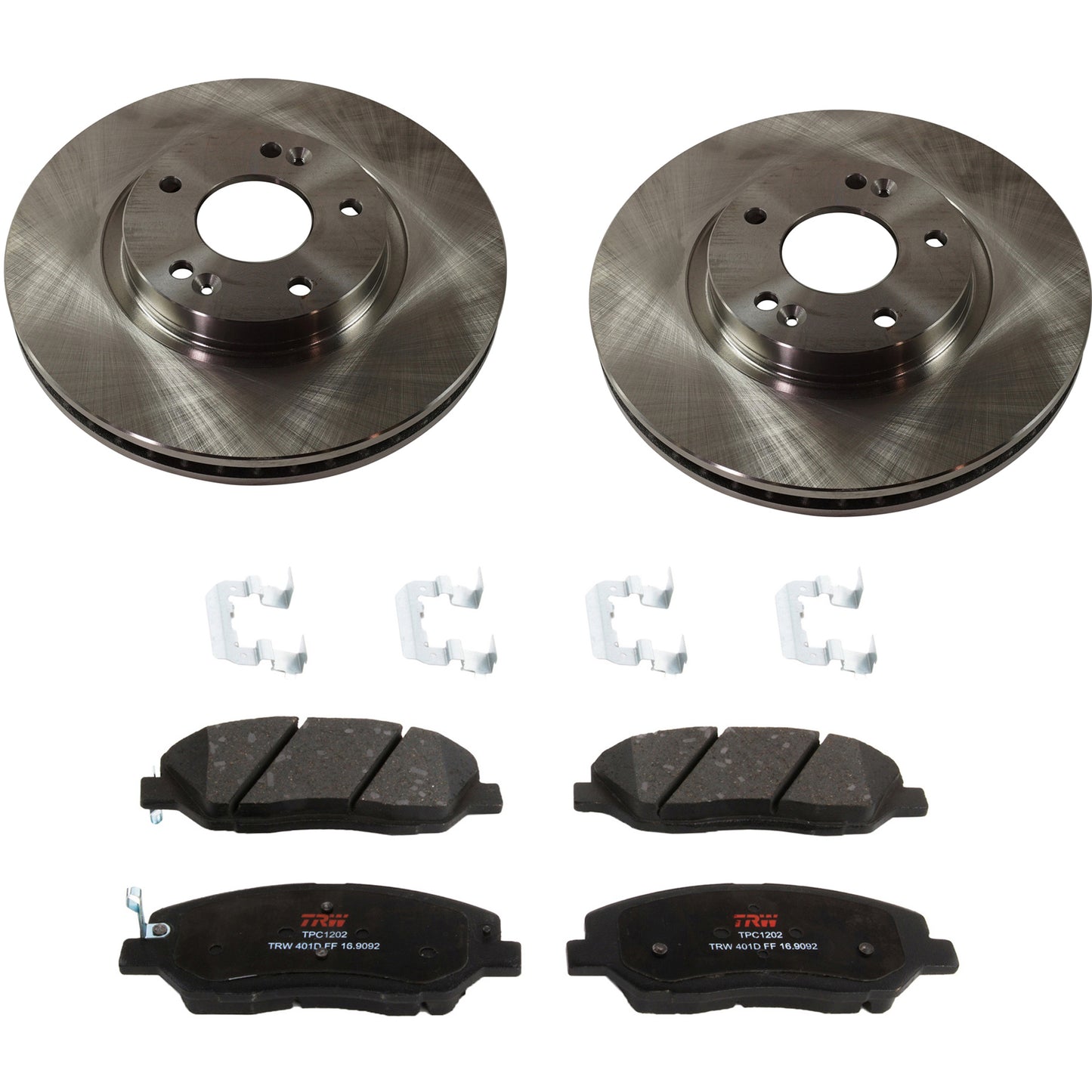 KIT-TRW101221-1854 2-Wheel Set Front Brake Disc and Pad Kit, Plain Surface 5 Lugs 297.94 mm Ceramic Premium Friction Series, Includes (2) Brake Disc and (1) Brake Pad Set