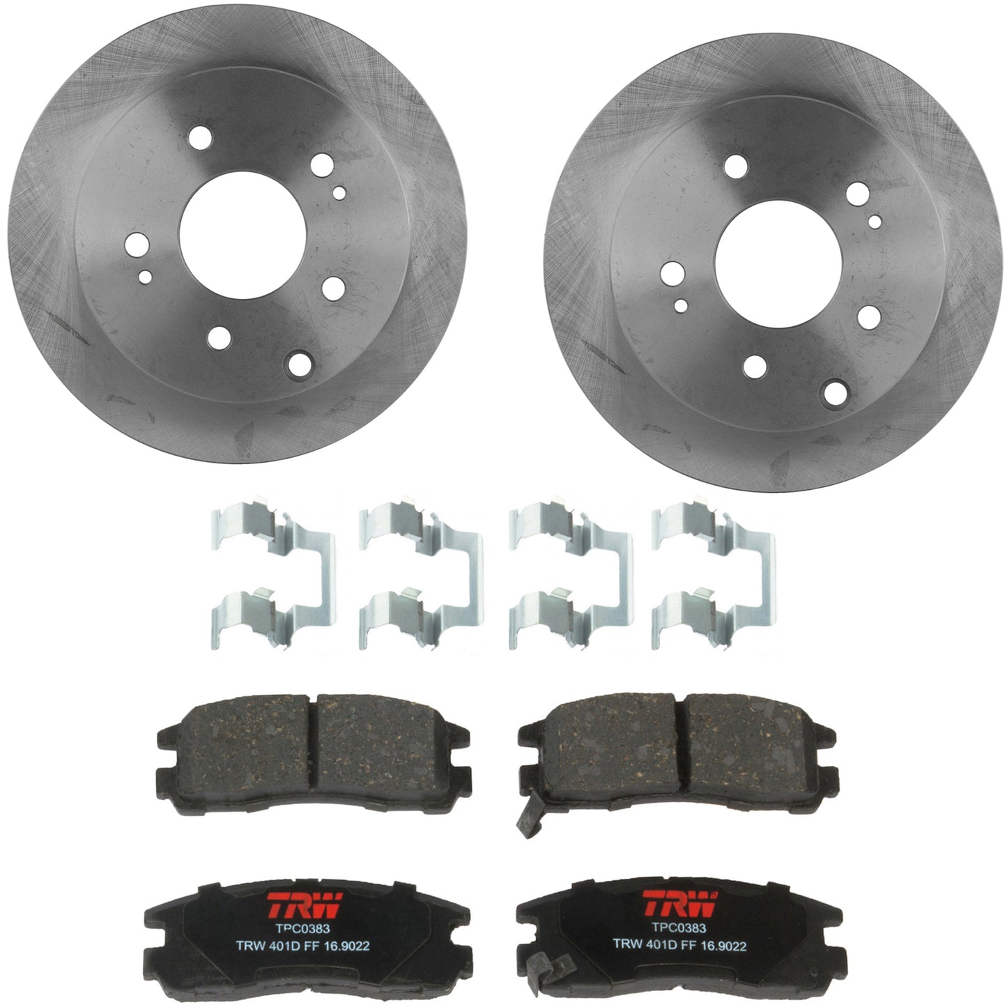 KIT-TRW101221-2980 Комплект из 2 задних тормозных дисков и колодок, гладкая поверхность, 5 выступов, 261,11 мм, керамические, фрикционные, премиум-серии, включает в себя (1) комплект тормозных колодок и (2) тормозных диска