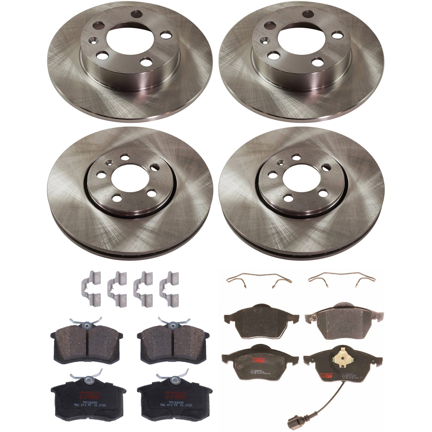 KIT-TRW101921-1156 4-Wheel Set Front and Rear Brake Disc and Pad Kit, Plain Surface 5 Lugs - Front; 5 Lugs - Rear Front-288.04 mm/Rear-232 mm Semi-metallic Premium Friction Series, Includes (4) Disc and (2) Pad Set