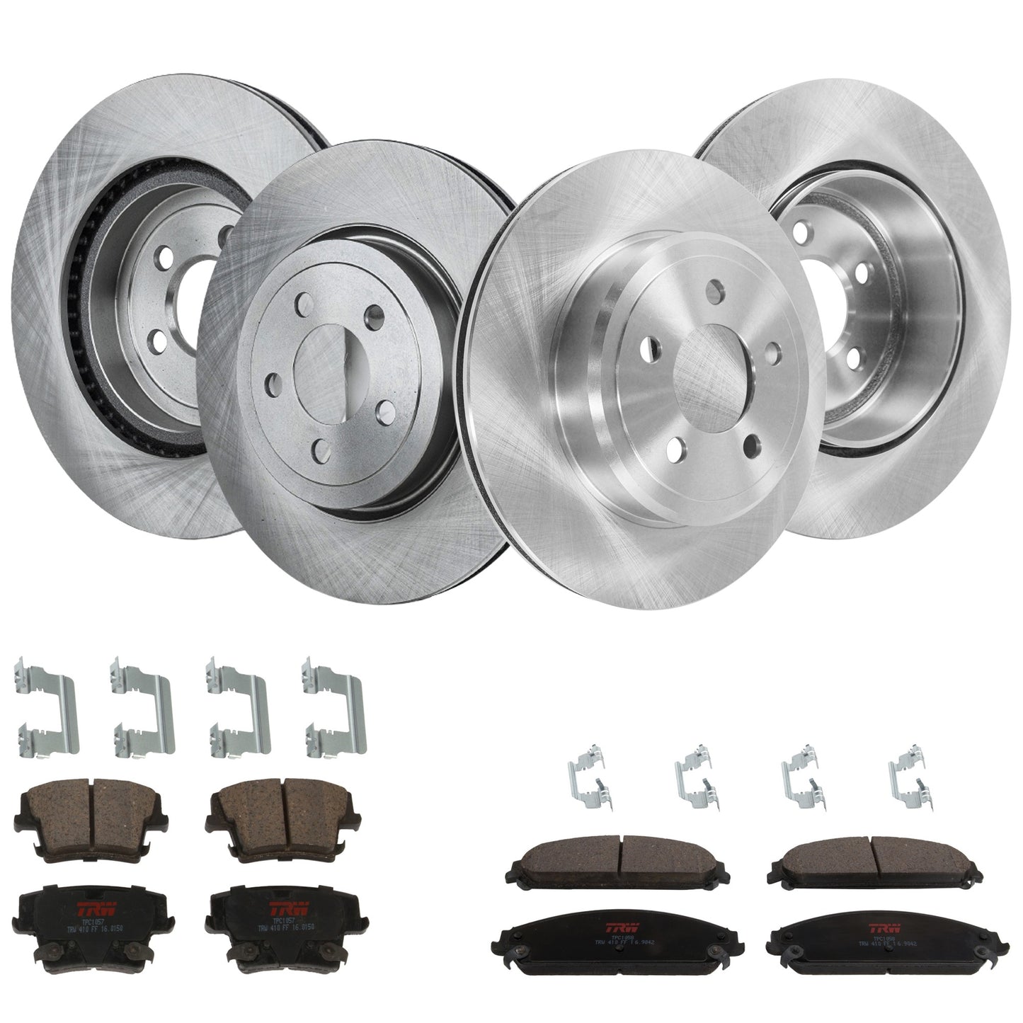 KIT-TRW101921-228 4-Wheel Set Front and Rear Brake Disc and Pad Kit, Plain Surface 5 Lugs - Front; 5 Lugs - Rear Front-344.93 mm/Rear-320.04 mm Ceramic Premium Friction Series, Includes (2) Pad Set and (4) Disc