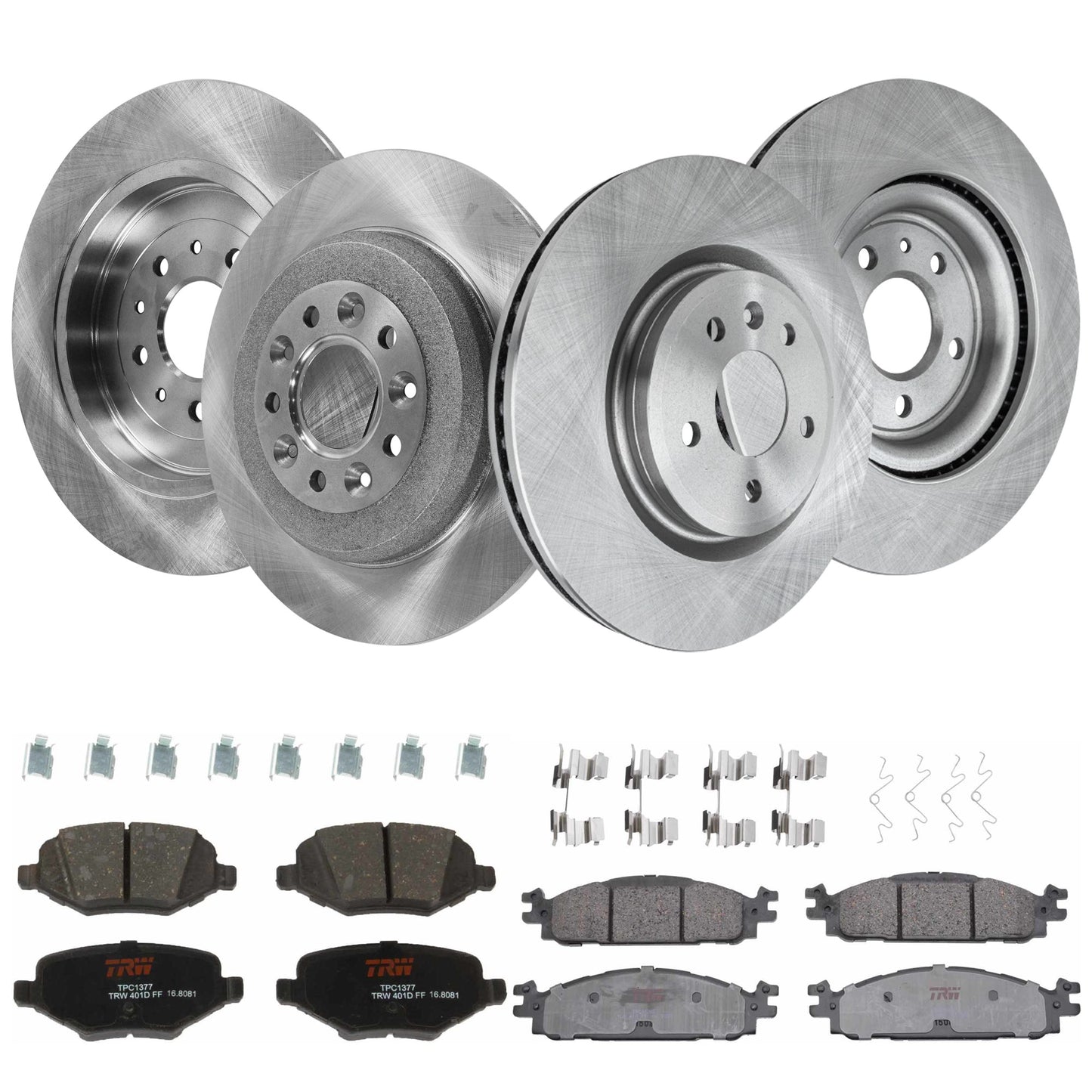 KIT-TRW101921-348 4-Wheel Set Front and Rear Brake Disc and Pad Kit, Plain Surface 5 Lugs - Front; 5 Lugs - Rear Front-325.12 mm/Rear-329.95 mm Ceramic Premium Friction Series, Includes (4) Disc and (2) Pad Set
