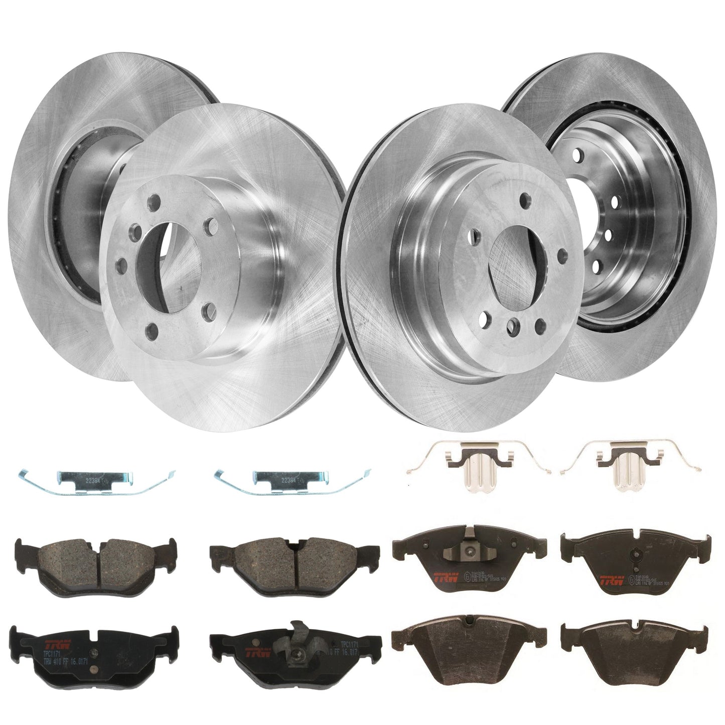 KIT-TRW101921-43 4-Wheel Set Front and Rear Brake Disc and Pad Kit, Plain Surface 5 Lugs - Front; 5 Lugs - Rear Front and Rear-299.72 mm Semi-metallic Premium Friction Series, Includes (4) Disc and (2) Pad Set